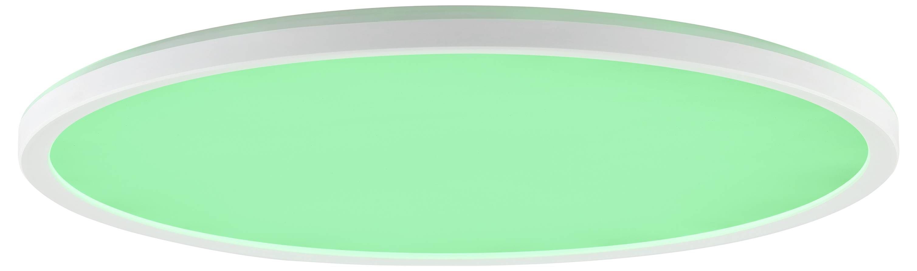 Eine kreisförmige, an der Decke montierte LED-Lichtplatte, die ein weiches grünes Leuchten ausstrahlt und für Ambientebeleuchtung in modernen Innenräumen konzipiert ist.