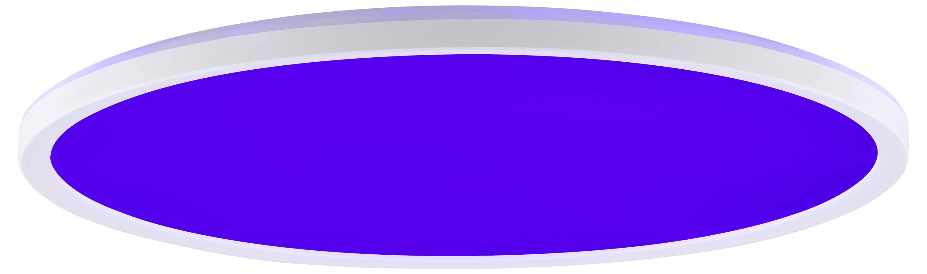 Eine runde, an der Decke montierte LED-Leuchte mit einem hellen blauen Schein.