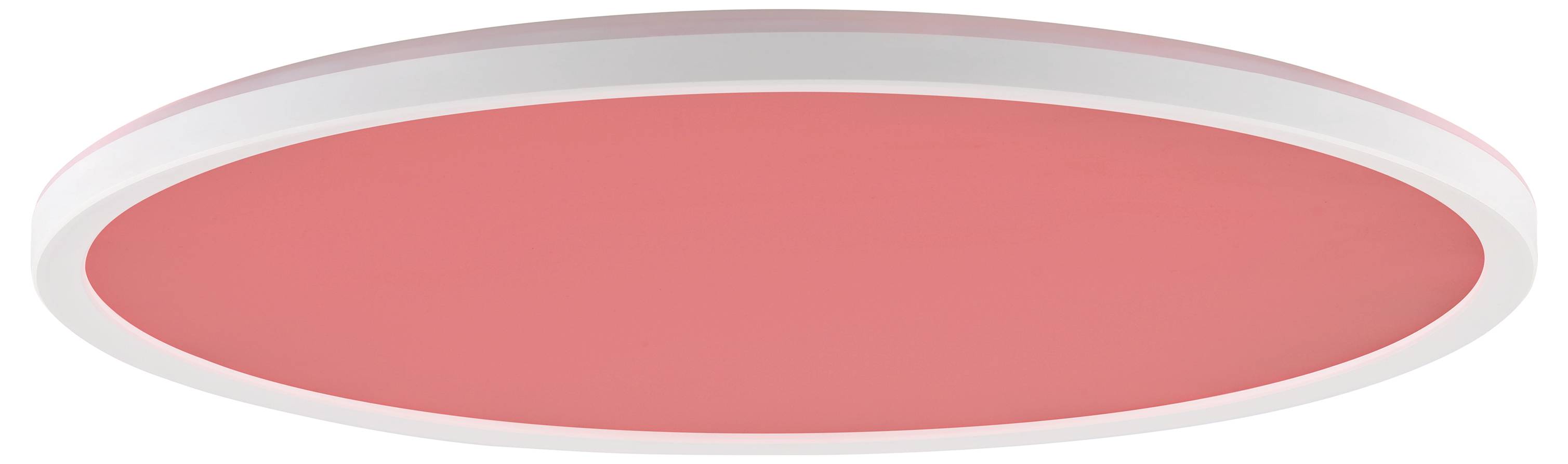 Eine runde Deckenleuchte mit einer rosa beleuchteten Oberfläche und einem weißen Rand.