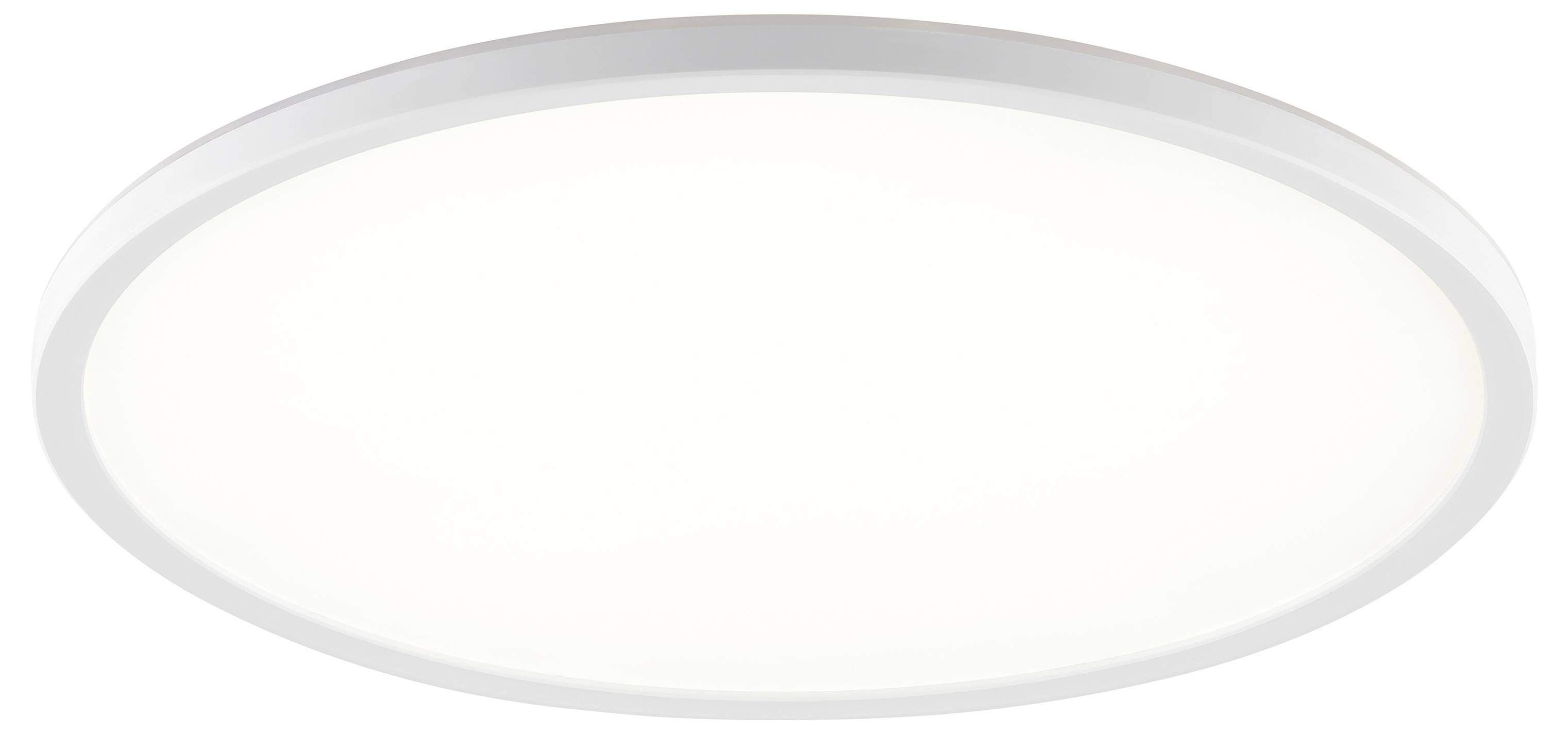 Eine runde, weiße Deckenleuchte, die ein weiches, gleichmäßiges Licht abstrahlt, vor einem schlichten Hintergrund.