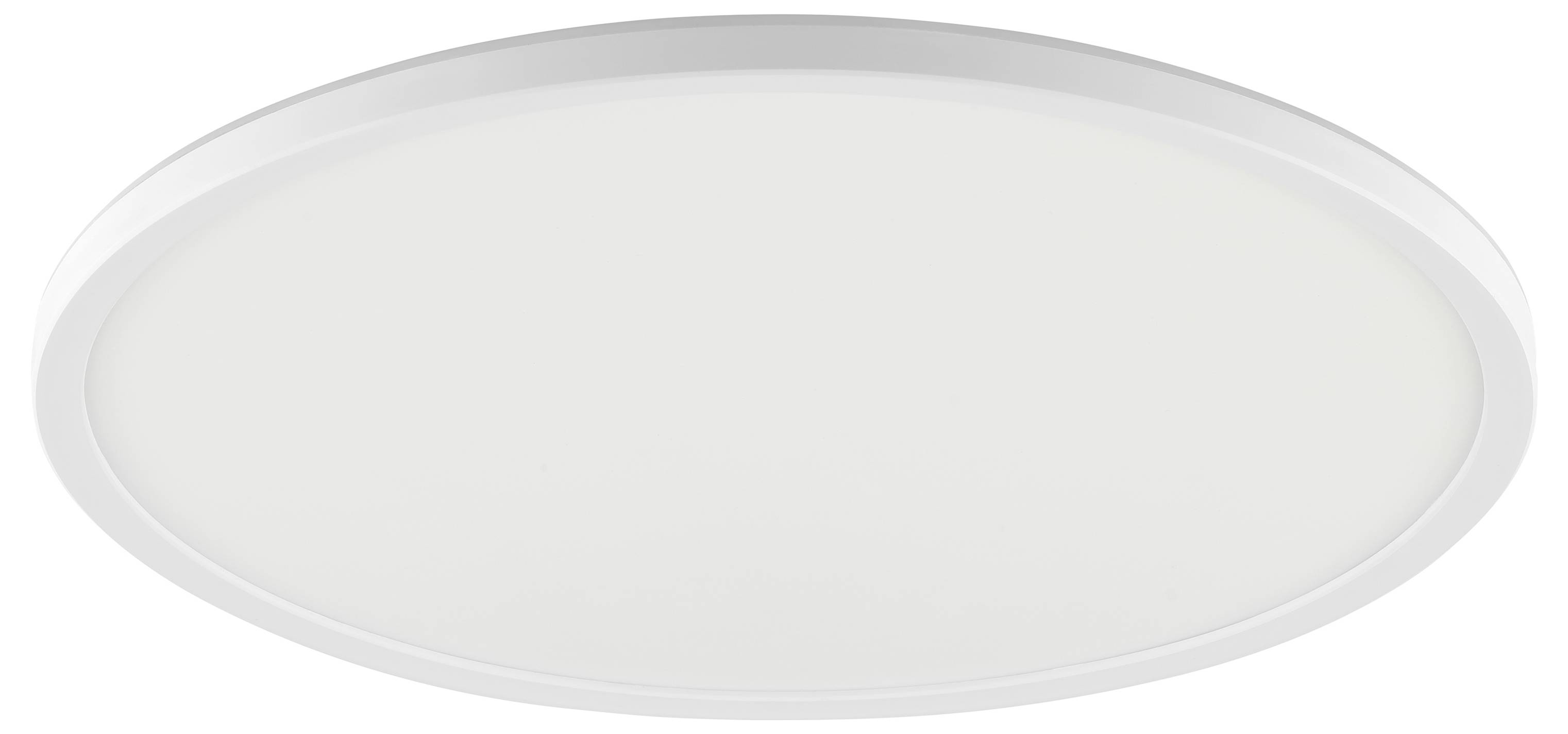 Eine kreisförmige, weiße LED-Deckenleuchte mit elegantem, zeitgemäßem Design. Sie ist darauf ausgelegt, Licht gleichmäßig im gesamten Raum zu verteilen.