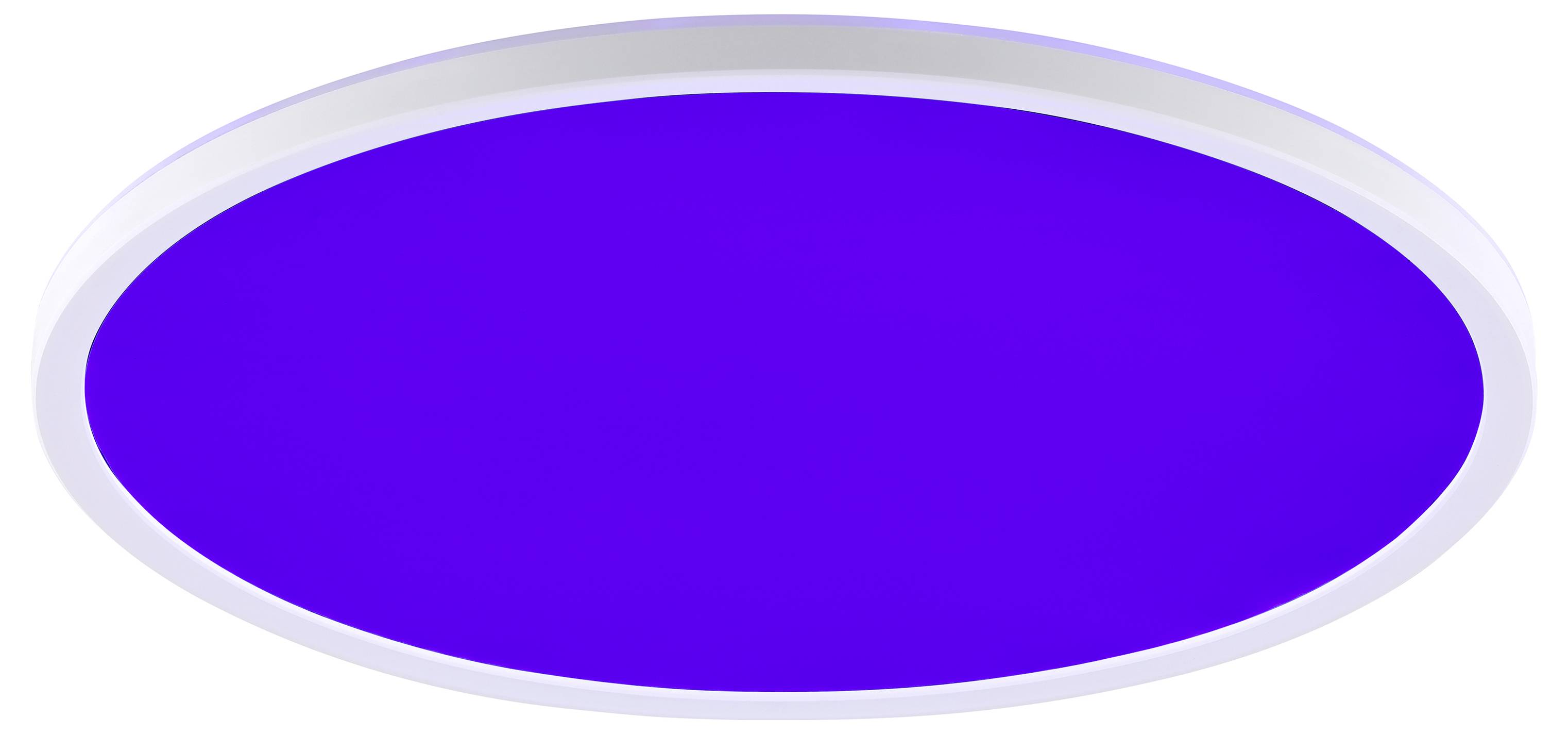 Eine kreisförmige Deckenleuchte mit einem hellen blauen Panel beleuchtet den Raum.