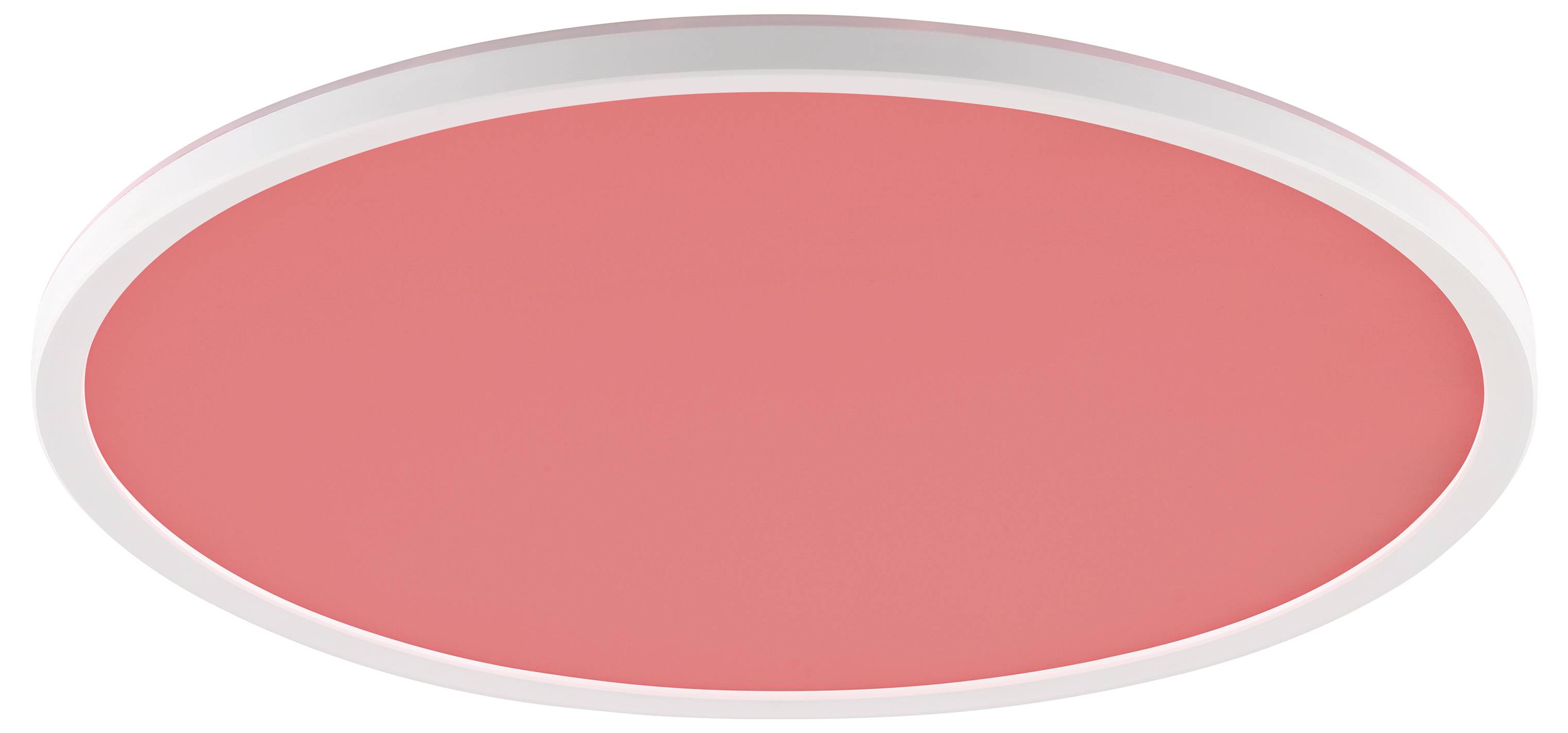 Eine kreisförmige Deckenlampe mit rotem Zentrum und weißem Rand ist angeleuchtet.