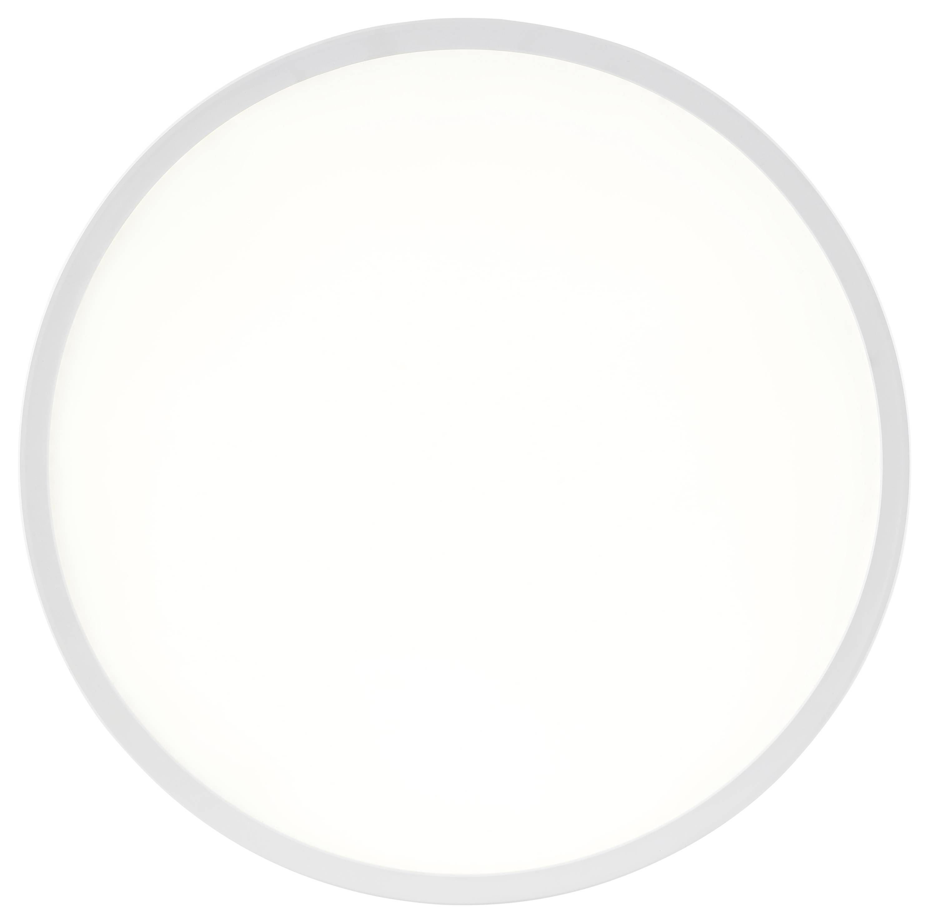 Eine weiße, kreisförmige Leuchte mit grauem Rand, von unten betrachtet, die ein sanftes Leuchten ausstrahlt.