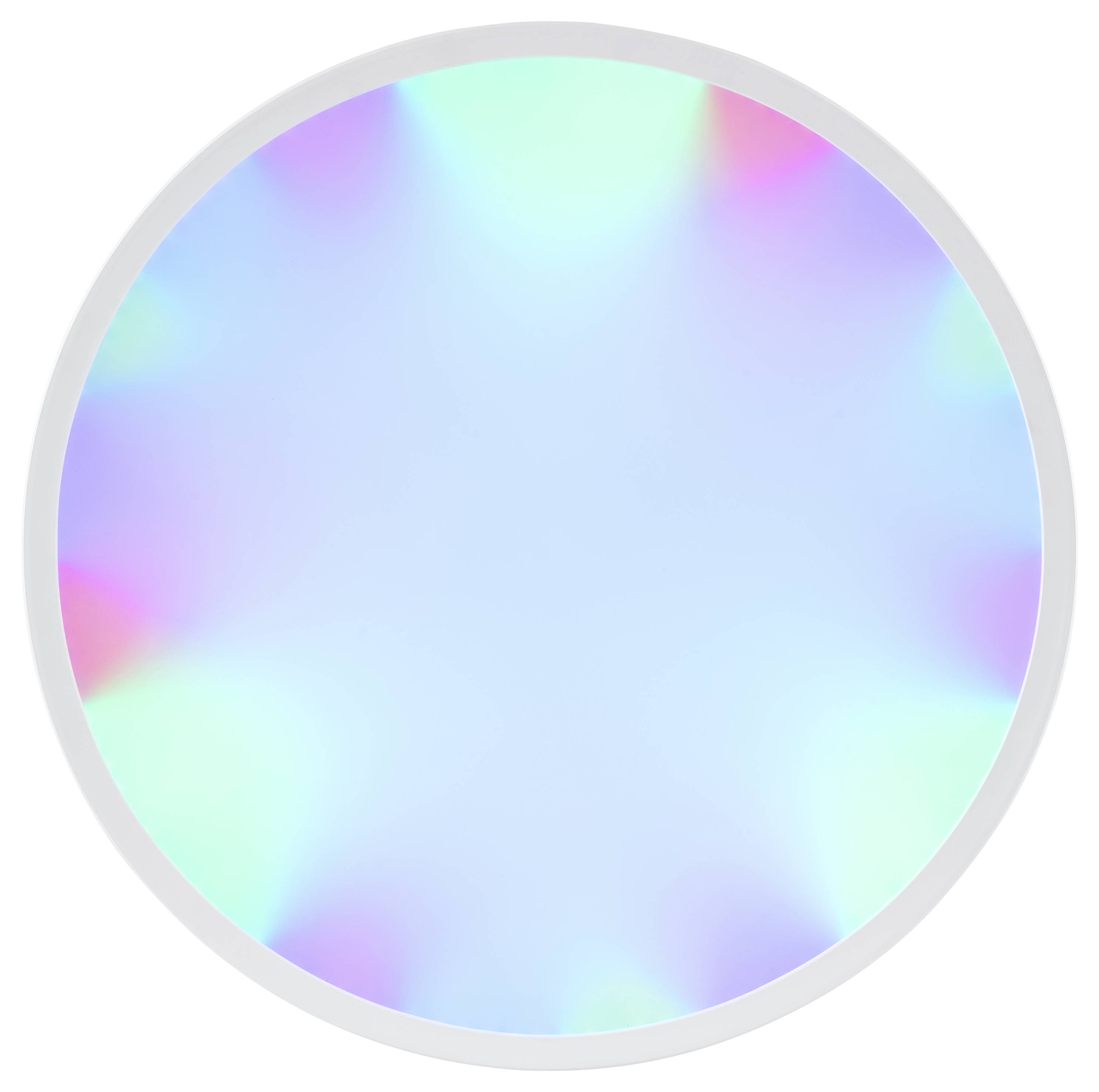 Ein Kreis mit einem Farbverlauf aus Pastellfarben, darunter Blau, Rosa und Grün, der eine weiche, schillernde Erscheinung erzeugt.