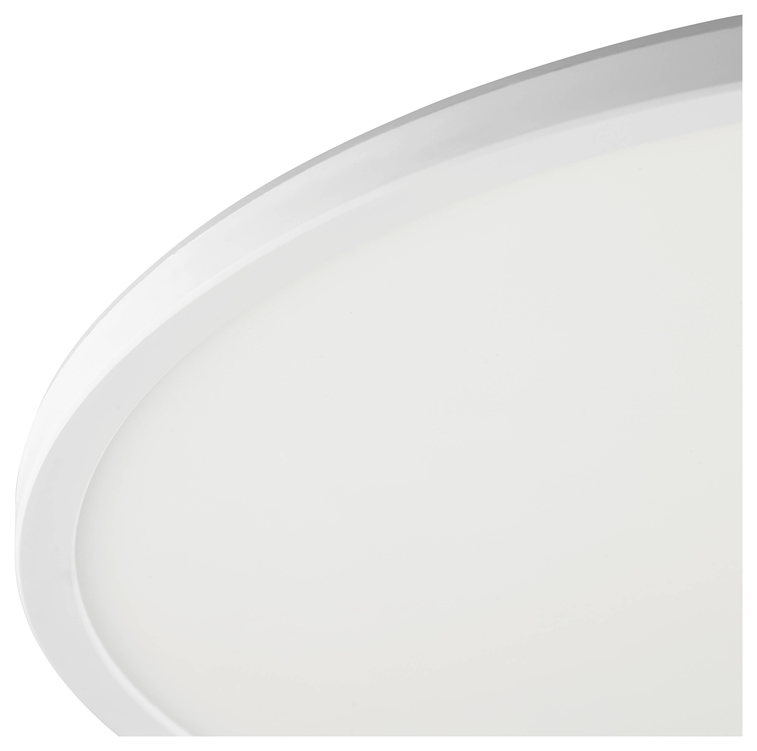 Runde weiße Deckenleuchte mit minimalistischem Design, ausgestattet mit einem glatten Rahmen und gleichmäßigem Glanz, was eine moderne Ästhetik vermittelt.