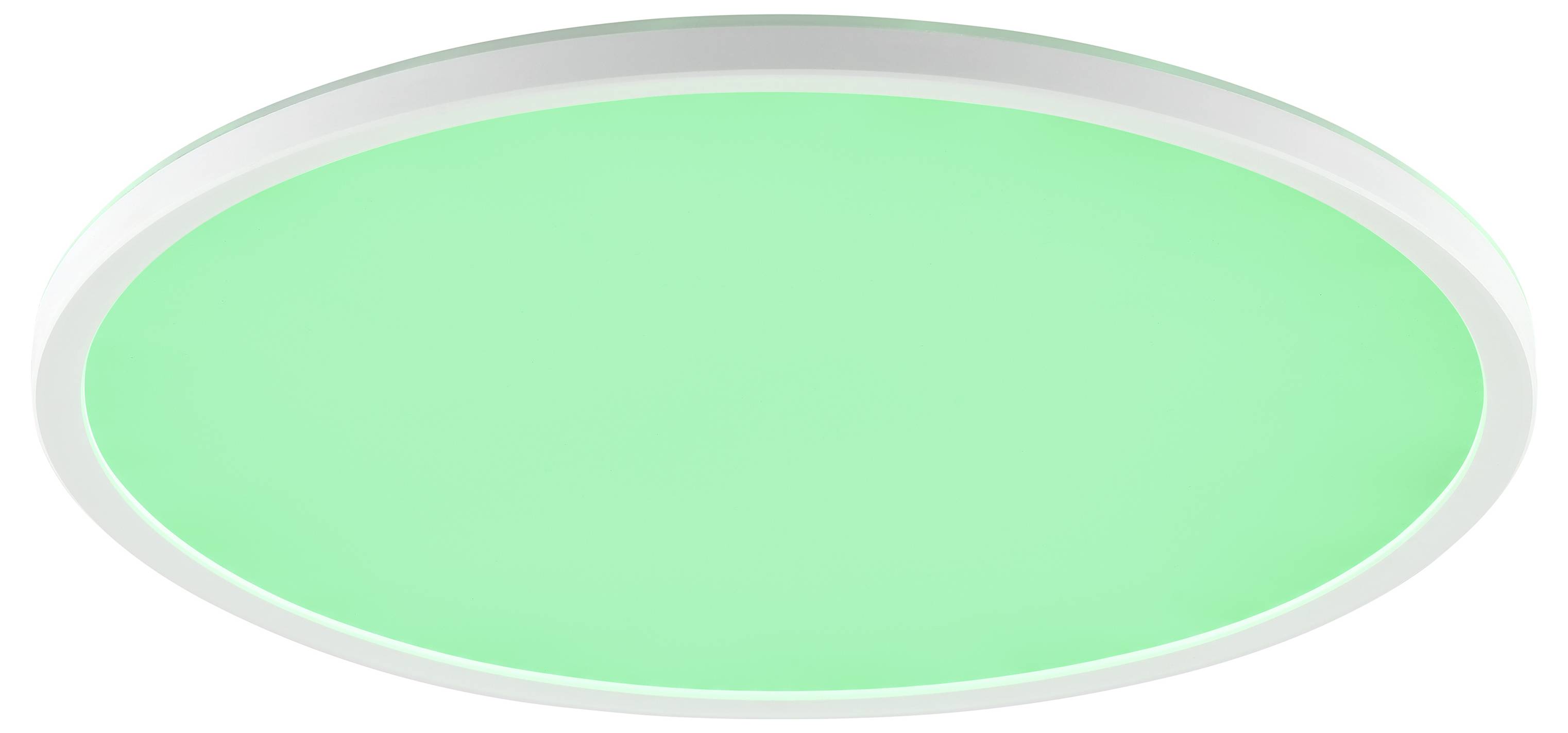 Eine kreisförmige, flache Leuchte strahlt ein sanftes grünes Leuchten vor einem schlichten Hintergrund aus.