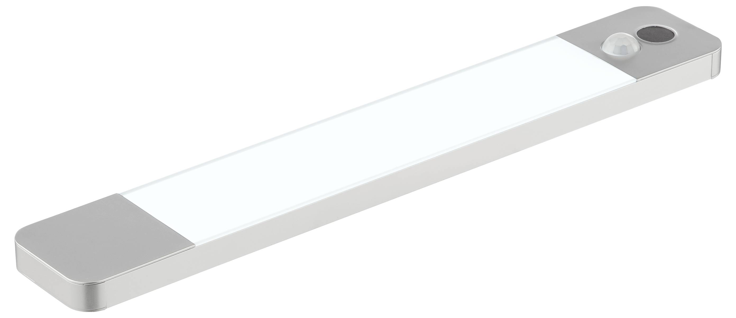 LED-Lichtleiste in Rechteckform mit silbernen Kanten und einem Bewegungssensor an einem Ende.