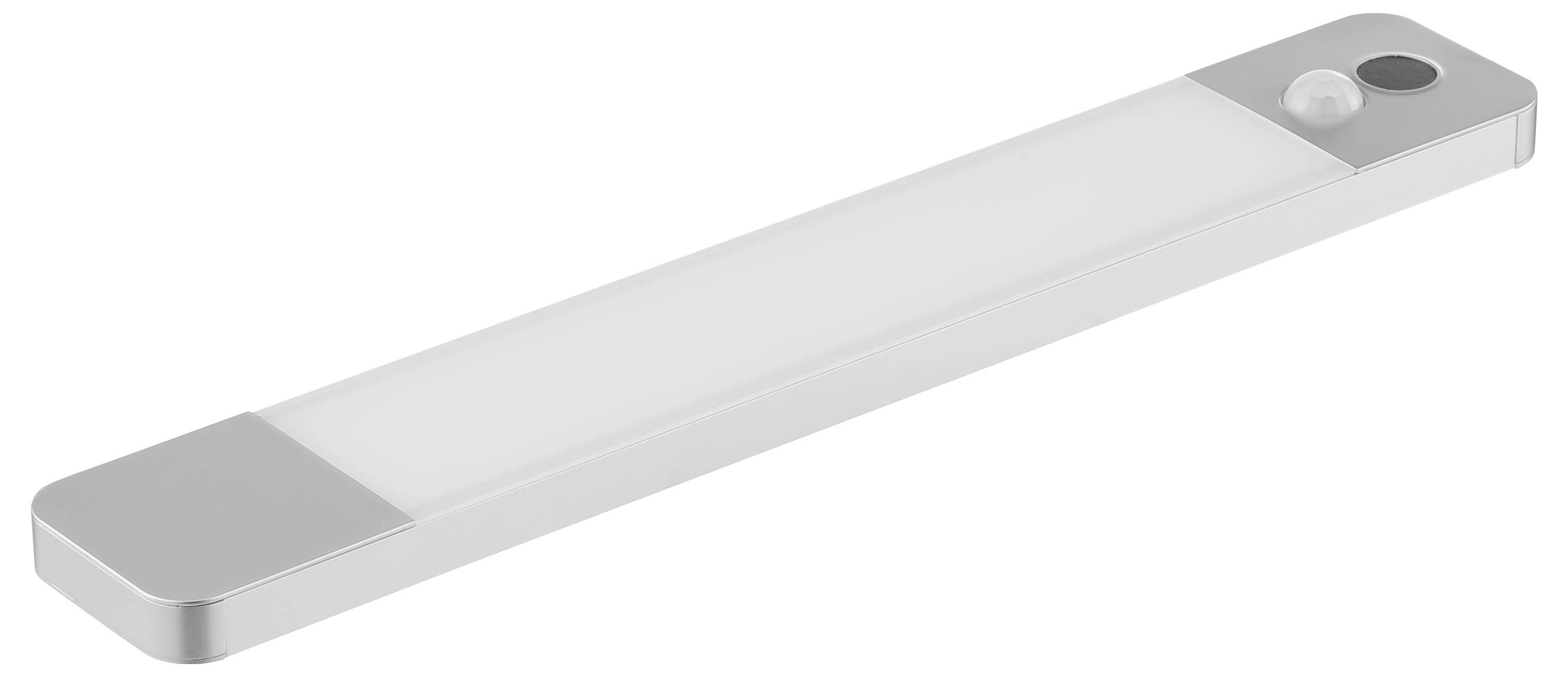 Eine lange, schlanke LED-Leuchte mit Bewegungssensor und rundem Ein-/Ausschalter, konzipiert für Unterschrank- oder Schrankbeleuchtung.