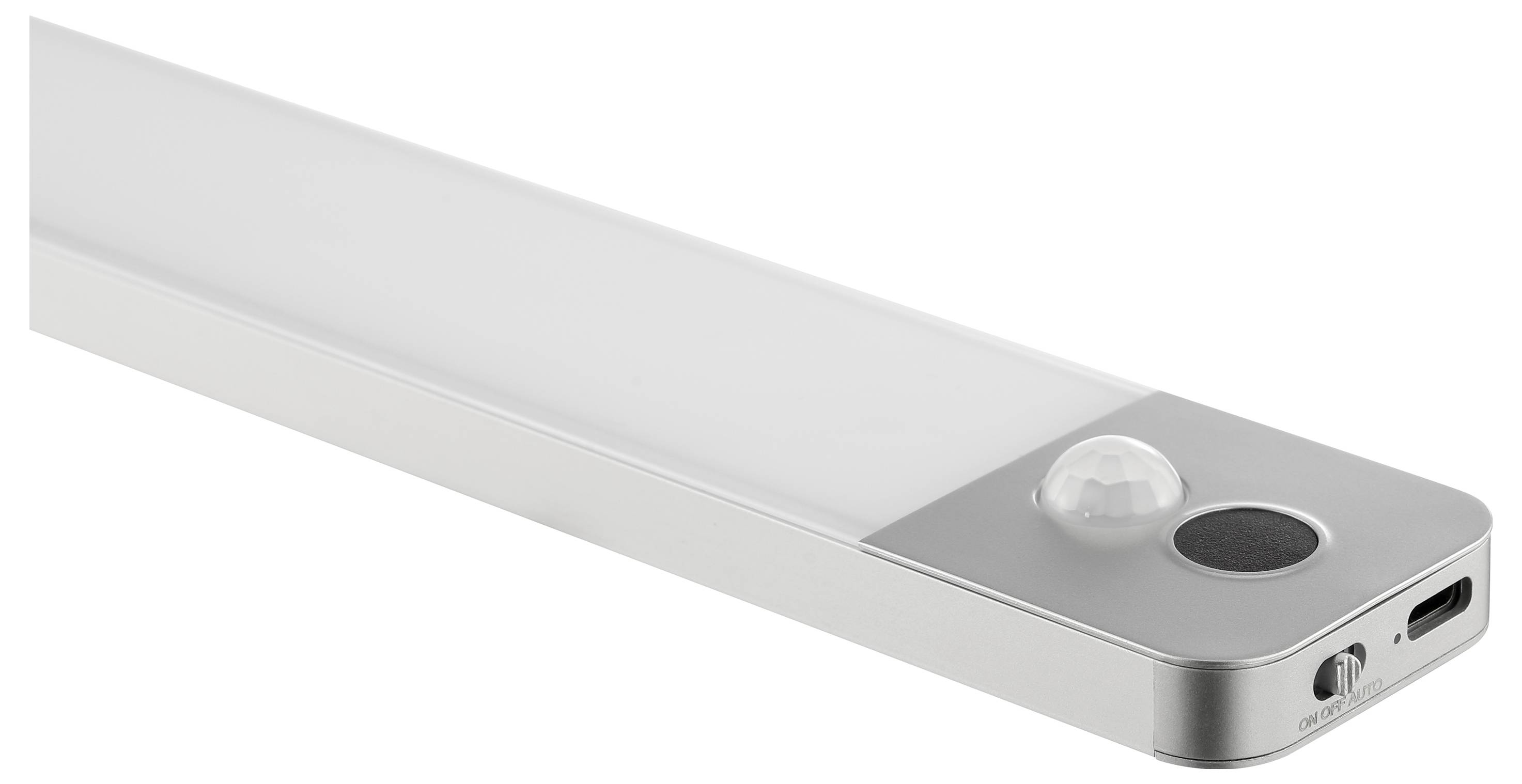 Eine schlanke, rechteckige LED-Lichtleiste mit Bewegungssensor und USB-Ladeanschluss, die für einfache Befestigung an Oberflächen konzipiert ist.