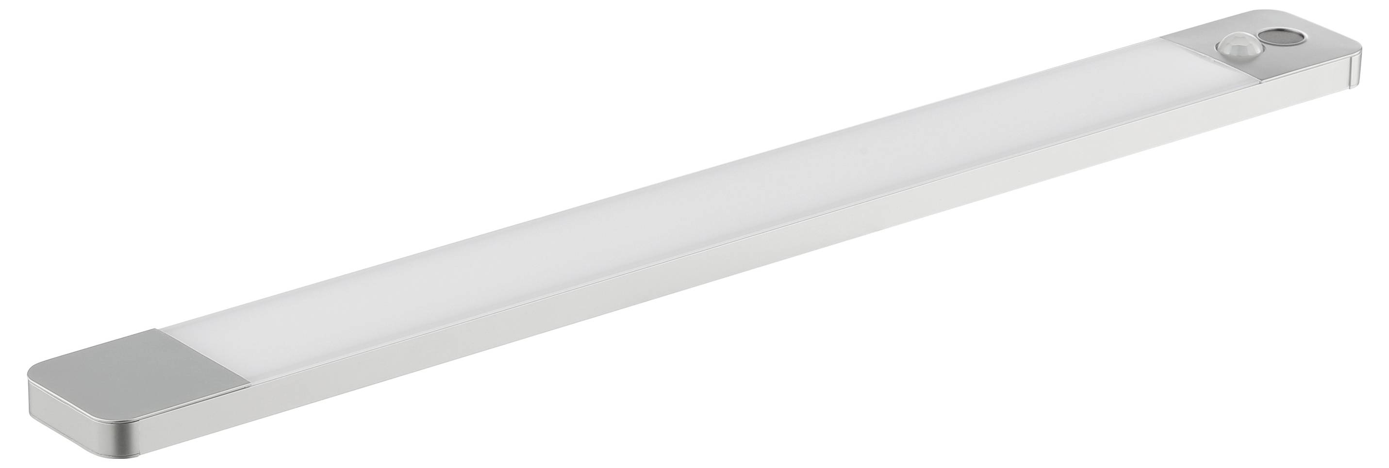 Eine schlanke, rechteckige LED-Leuchte mit Metallfinish, die an einem Ende einen Bedienungsknopf aufweist.