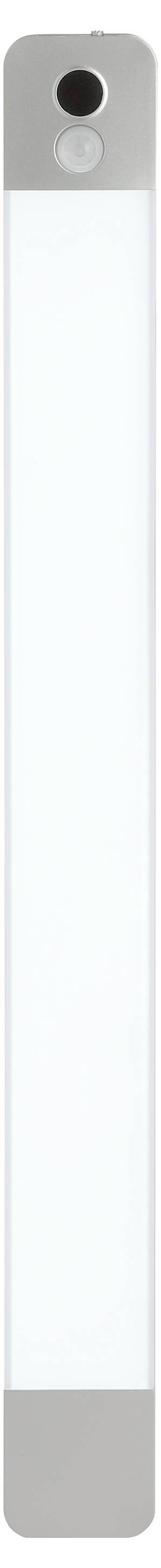 Ein schlankes, weißes rechteckiges elektronisches Gerät mit einer Taste und einer Kamera oben, möglicherweise eine Fernbedienung oder ein Smart-Home-Zubehör.