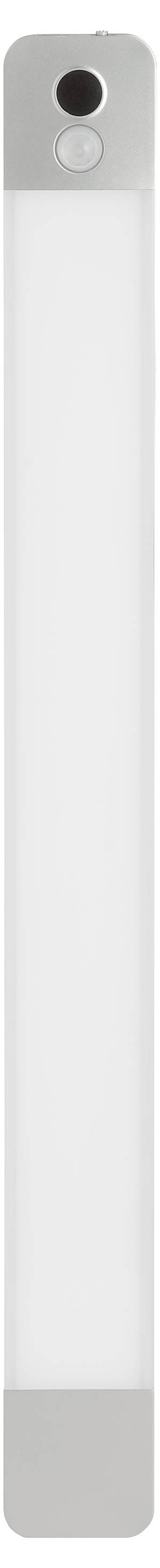 Ein rechteckiges, schlankes und elegantes Gerät mit einer Kameraobjektiv an der Oberseite und einem Knopf darunter, vor einem klaren, weißen Hintergrund.