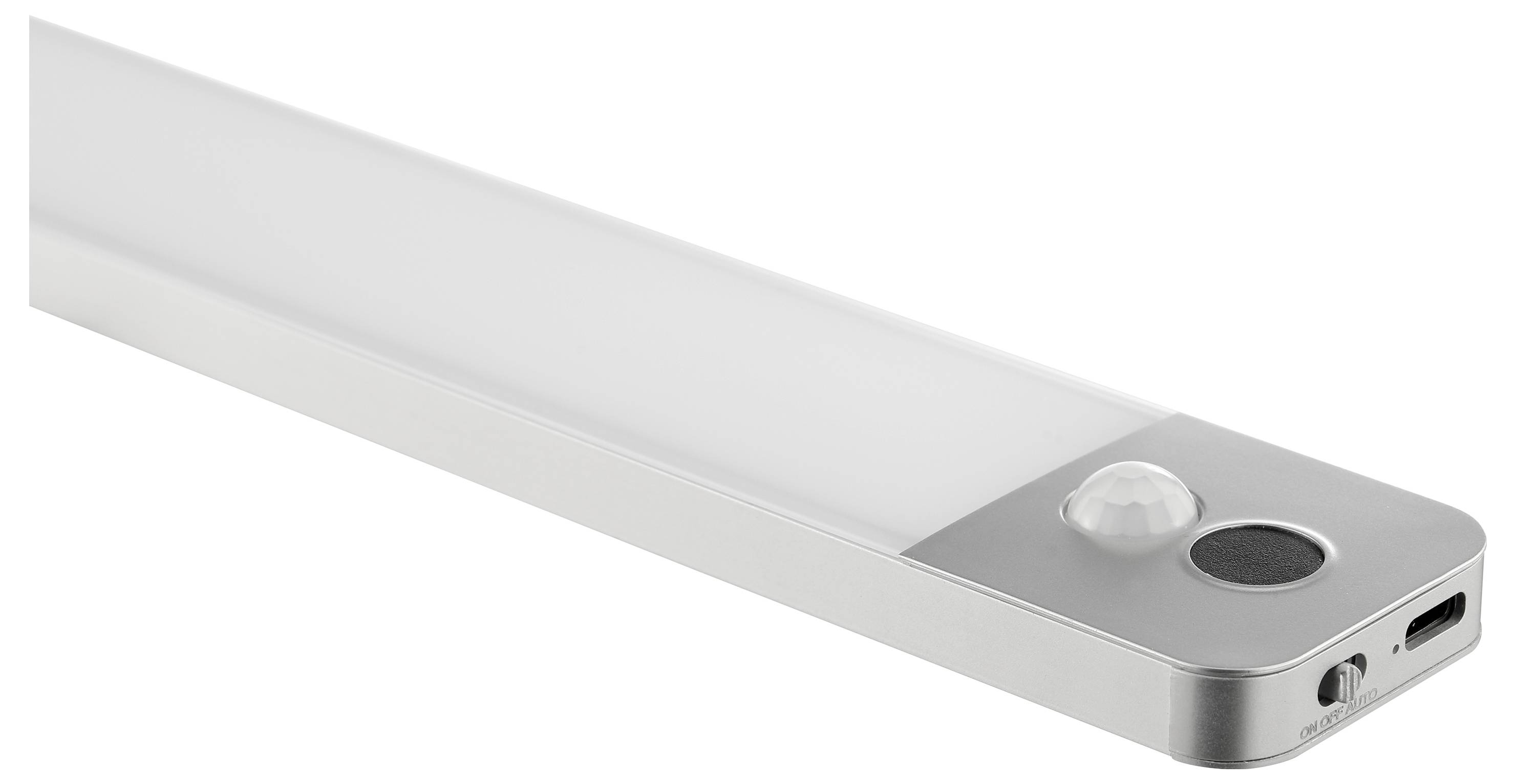 Eine schlanke, rechteckige LED-Leuchte mit Bewegungssensor und Einschalttaste, ausgestattet mit einem USB-Ladeanschluss auf der metallfarbenen Kante.