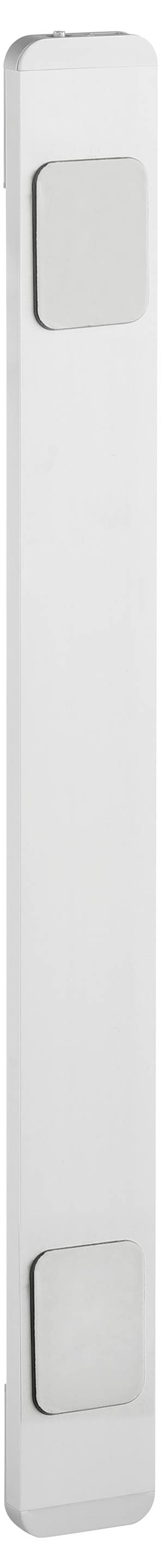 Ein hoher, schlanker, weißer Klebehaken für die Wand mit zwei silbernen rechteckigen Aufhängepads zum sicheren Aufhängen von Gegenständen.