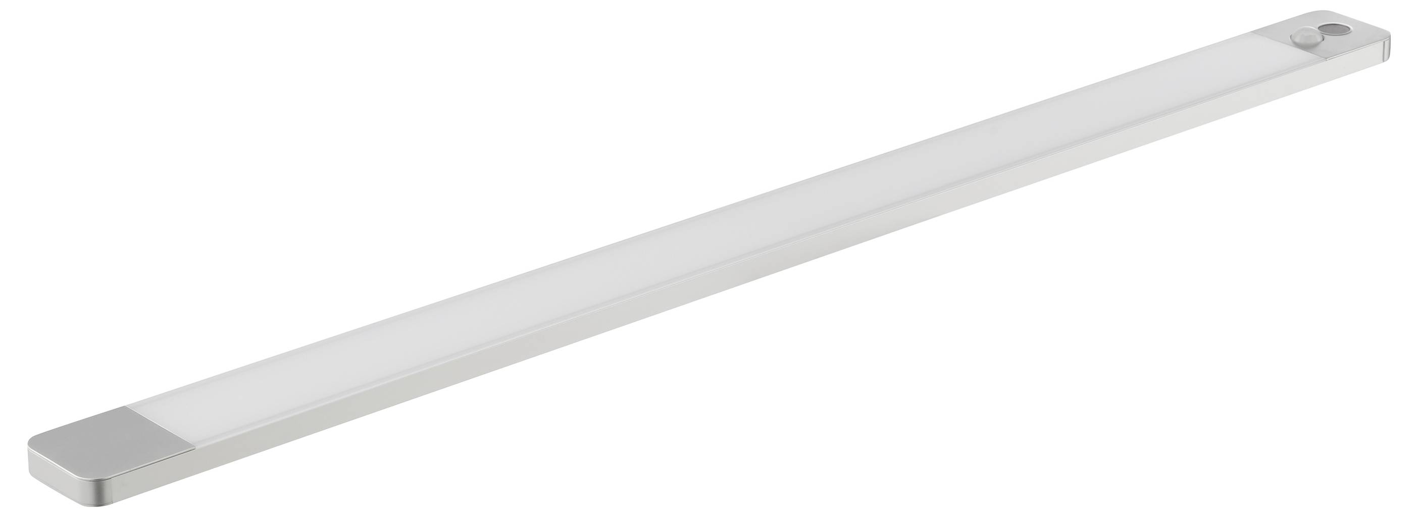 Eine schmale, längliche LED-Lichtleiste für den Unterbaubereich, ausgestattet mit einer matten Abdeckung und einem metallfarbenen Finish, mit einem Einschalter an einem Ende.