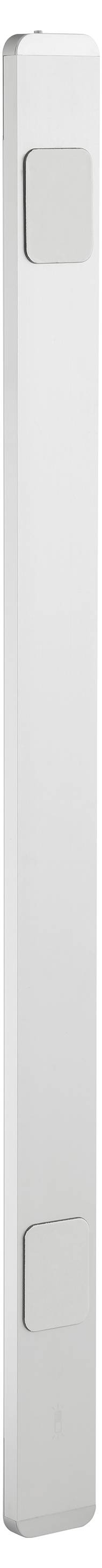 Ein rechteckiges, vertikales weißes Objekt mit abgerundeten Kanten und zwei hellgrauen, quadratischen Abschnitten in der Nähe der Enden.