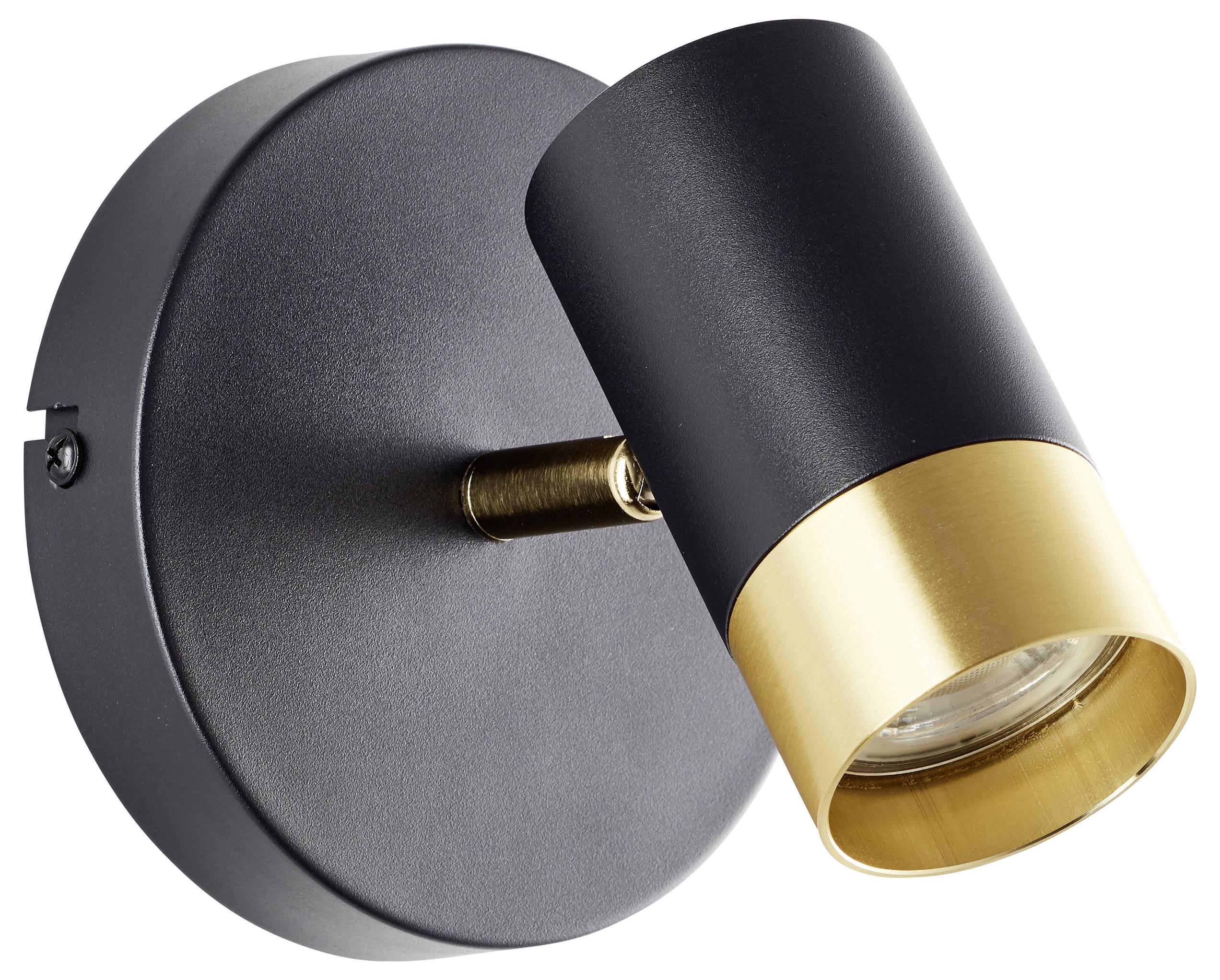 Eine schwarz-goldene, verstellbare Wandleuchte, die für Akzentbeleuchtung konzipiert ist.