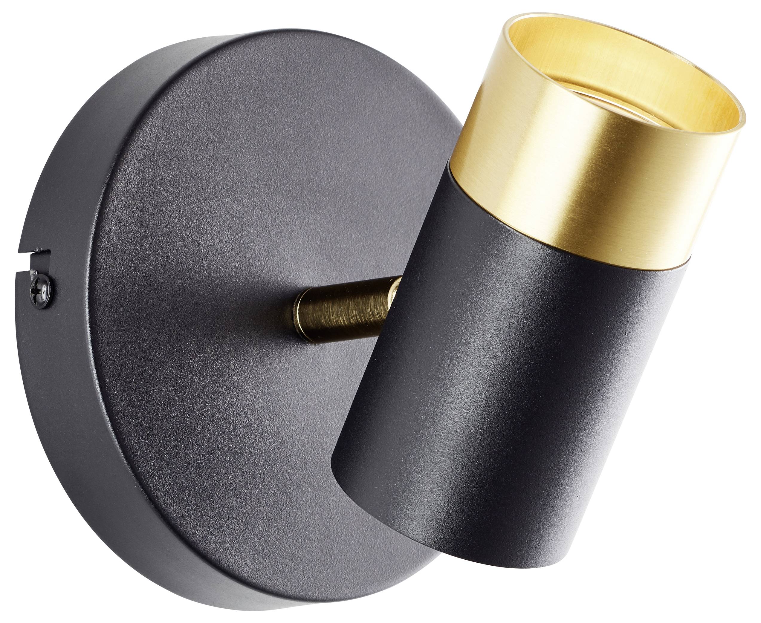 Eine moderne, wandmontierte Wandleuchte mit einer schwarzen zylindrischen Basis und einem goldenen Rand, leicht nach unten geneigt für gezielte Beleuchtung.