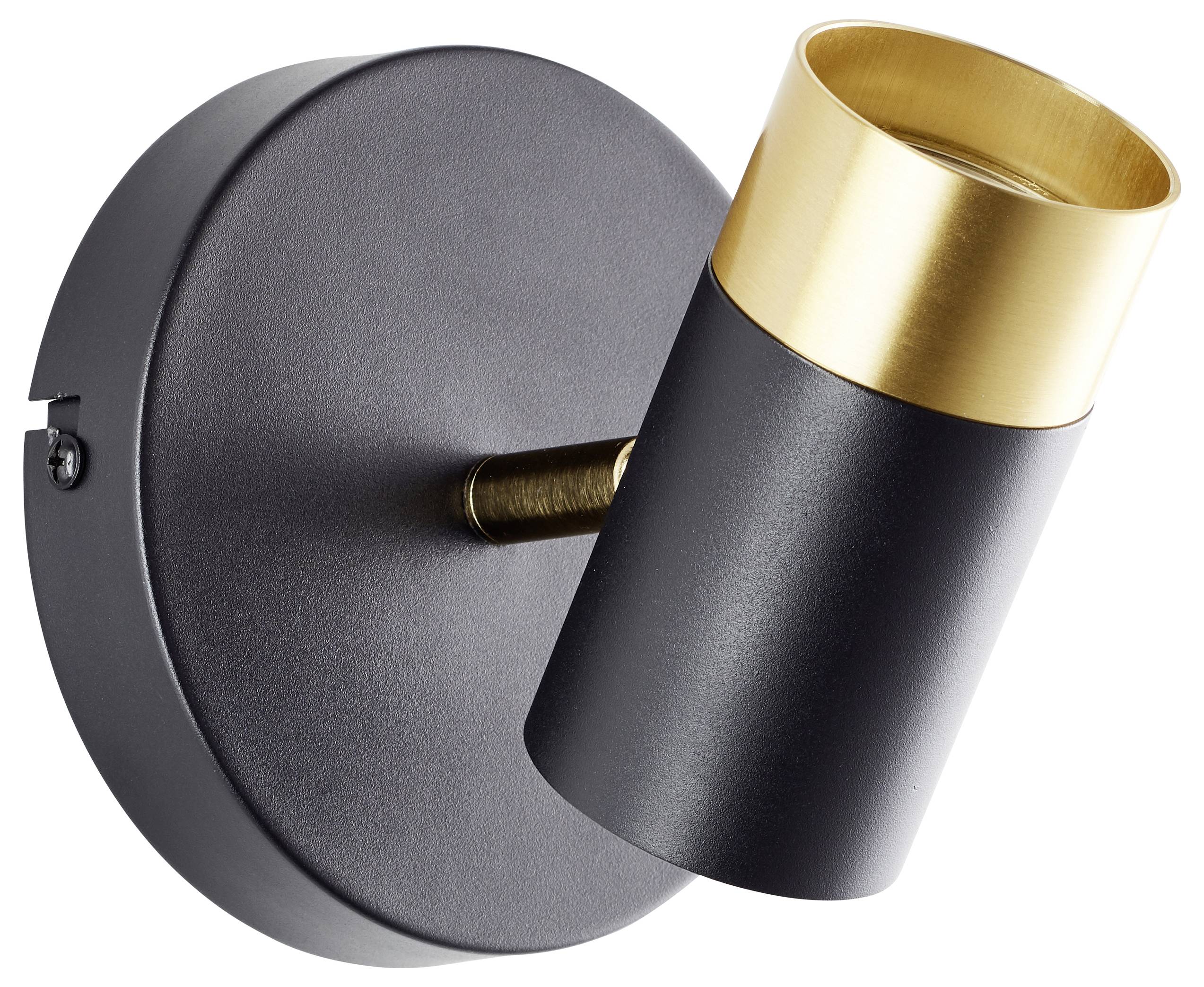 Eine schwarze und goldene wandmontierte Deckenfluter mit zylindrischem Design, nach unten gerichtet, geeignet für moderne Innenbeleuchtung.