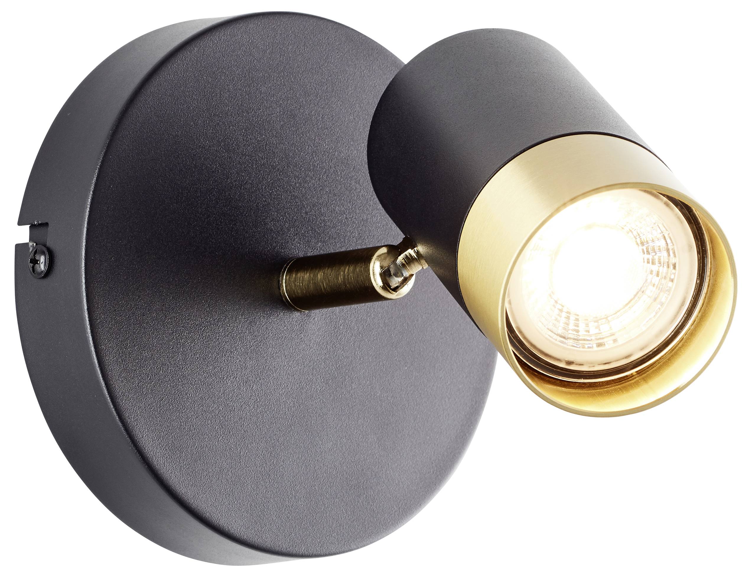 Eine moderne wandmontierte Wandleuchte mit matter schwarzer und goldener Beschichtung, ausgestattet mit einem zylindrischen, verstellbaren Kopf und kreisförmigem Sockel.