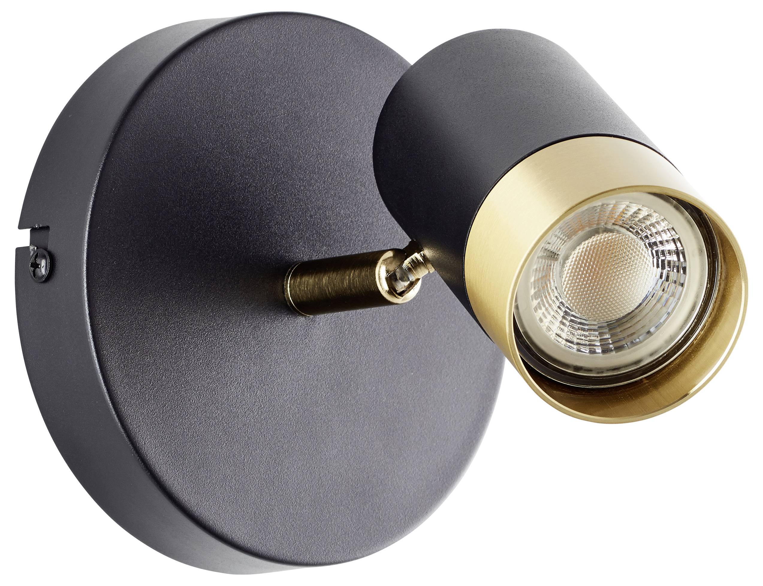 Eine moderne Wandleuchte mit einer mattschwarzen runden Grundplatte und einem vergoldeten, verstellbaren Leuchtenkopf.