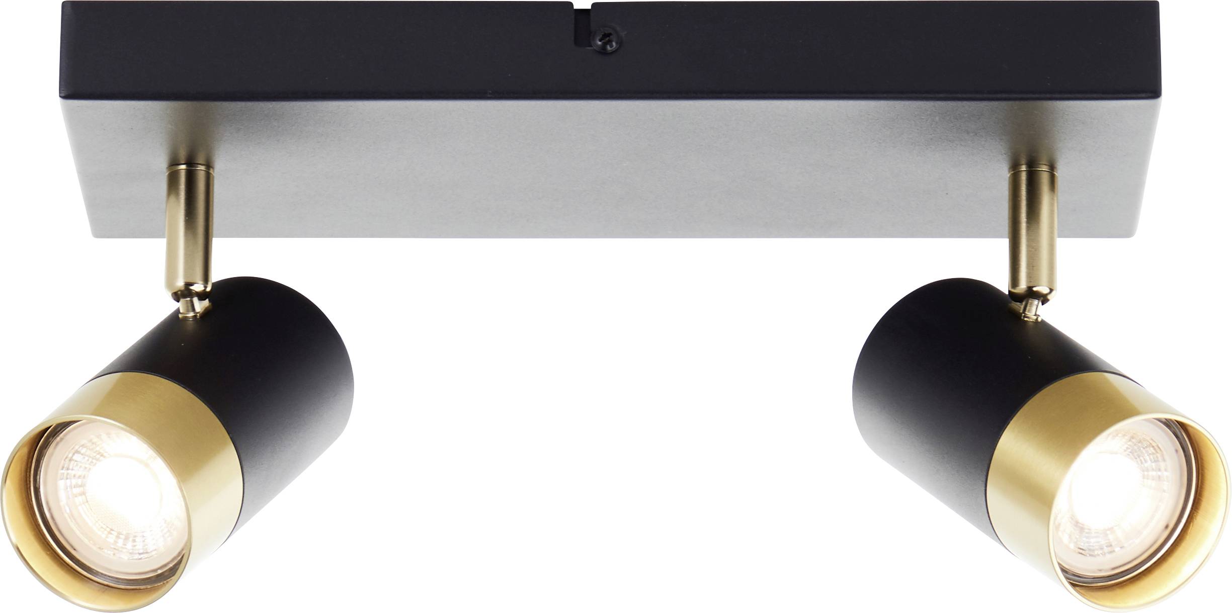 Eine schwarz-goldene Deckenleuchte mit Doppelscheinwerfer, montiert auf einer rechteckigen Halterung.