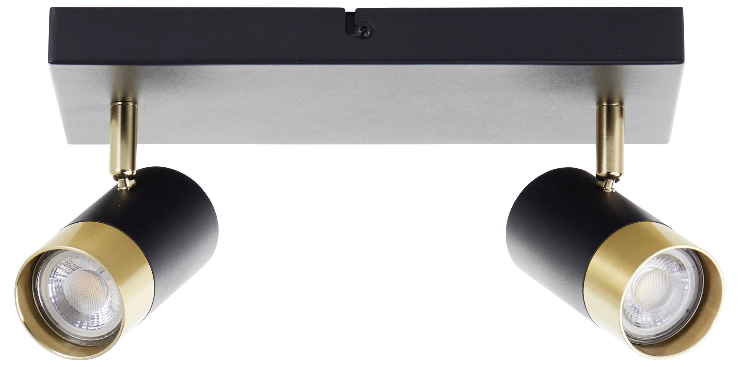 Eine moderne, deckenmontierte Lampe mit zwei verstellbaren Zylinder-Leuchten, die goldene Akzente auf einem schwarzen Sockel aufweisen.