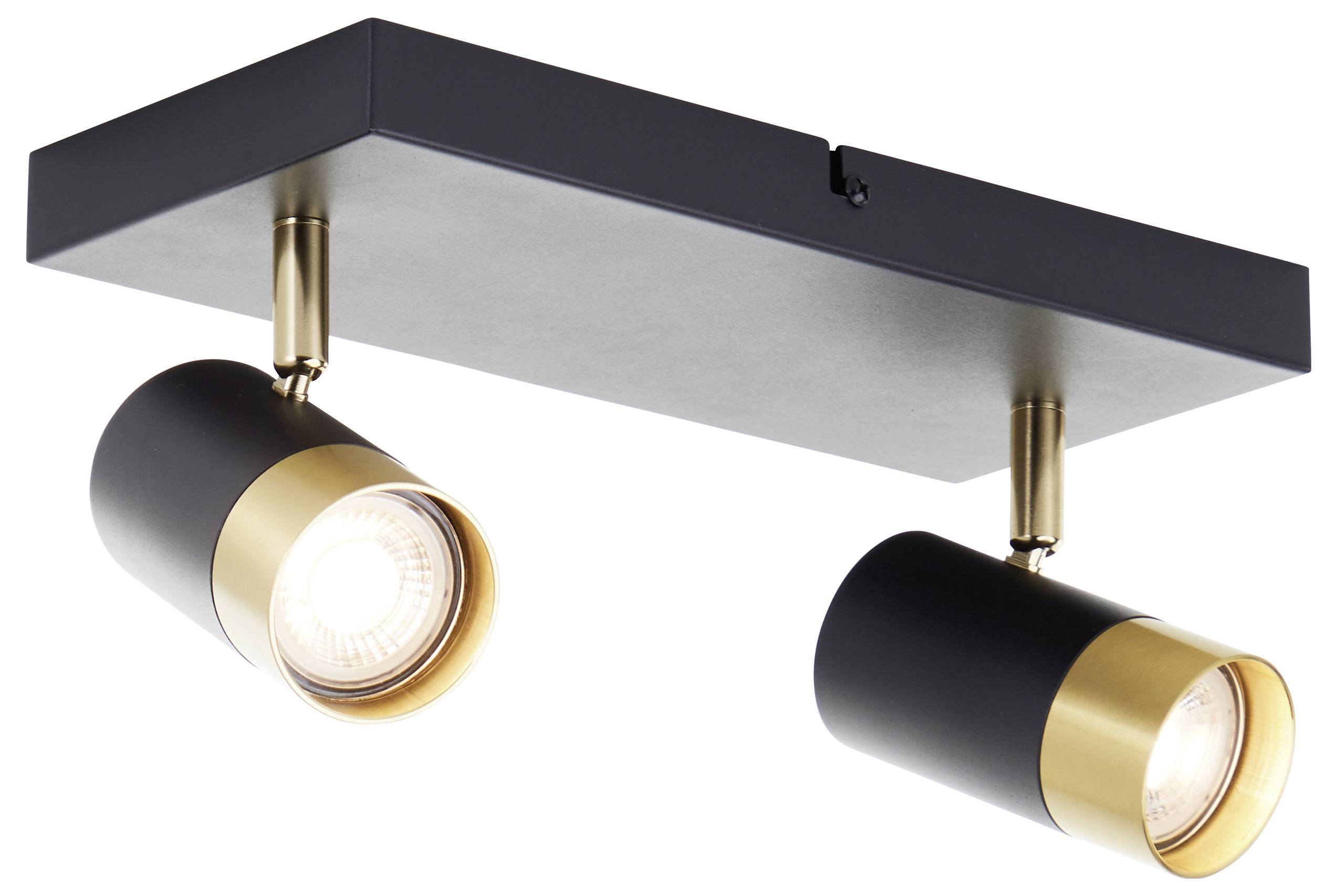 Deckenaufbauleuchte mit Doppelscheinwerfer in mattem Schwarz und goldenen Akzenten, mit verstellbaren Leuchten für gerichtete Beleuchtung.