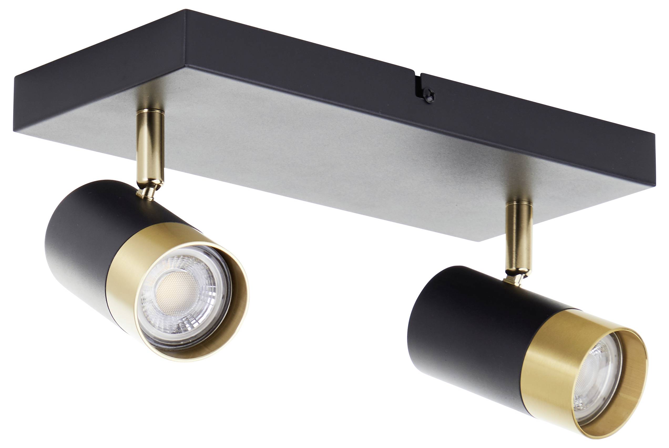 Eine schwarz-goldene Deckenleuchte mit zwei verstellbaren zylindrischen Scheinwerfern auf einer rechteckigen Grundplatte, konzipiert für Innenbeleuchtung.