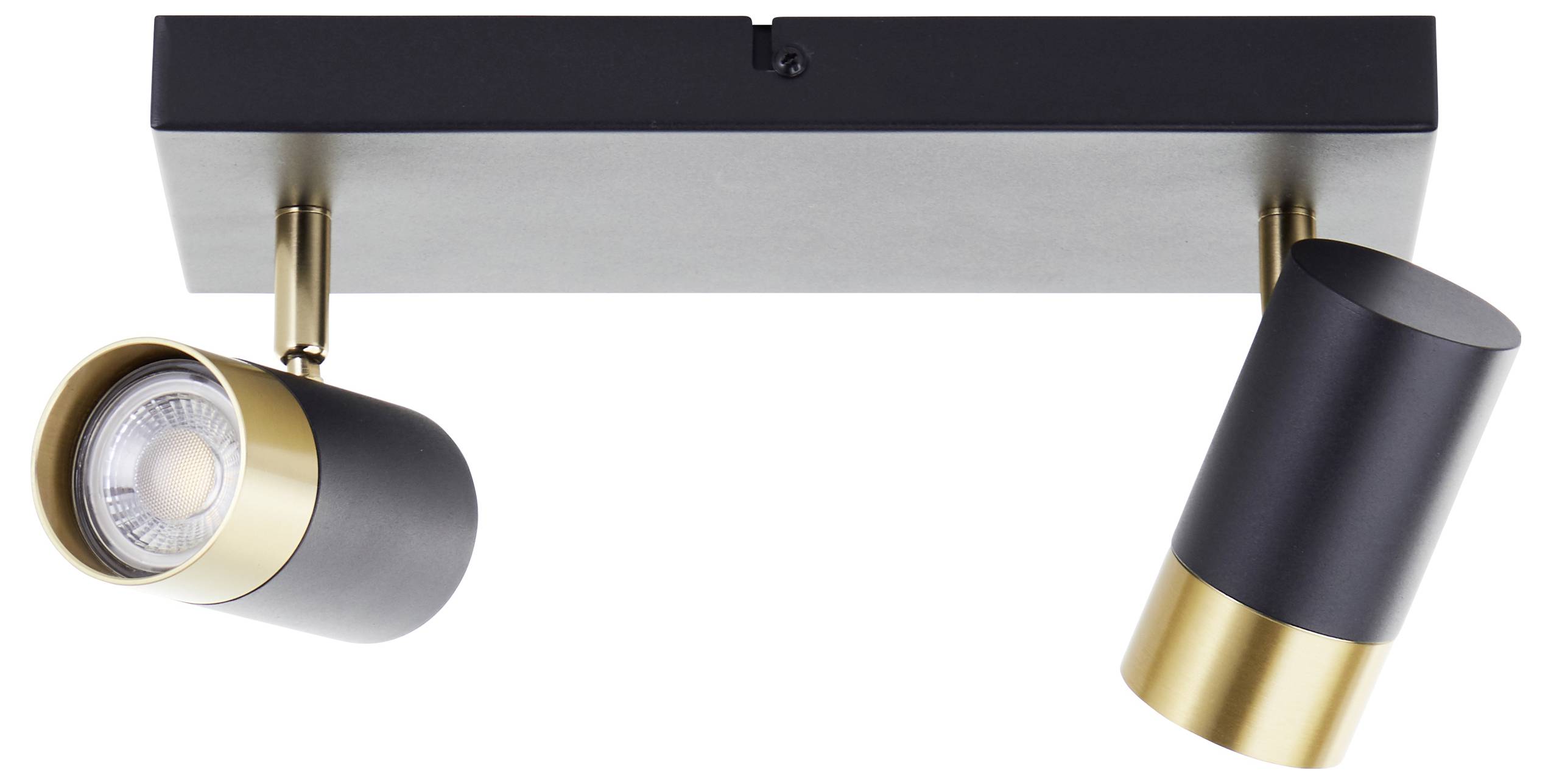 Eine moderne Deckenleuchte in Schwarz und Gold mit zwei verstellbaren zylindrischen Leuchten.