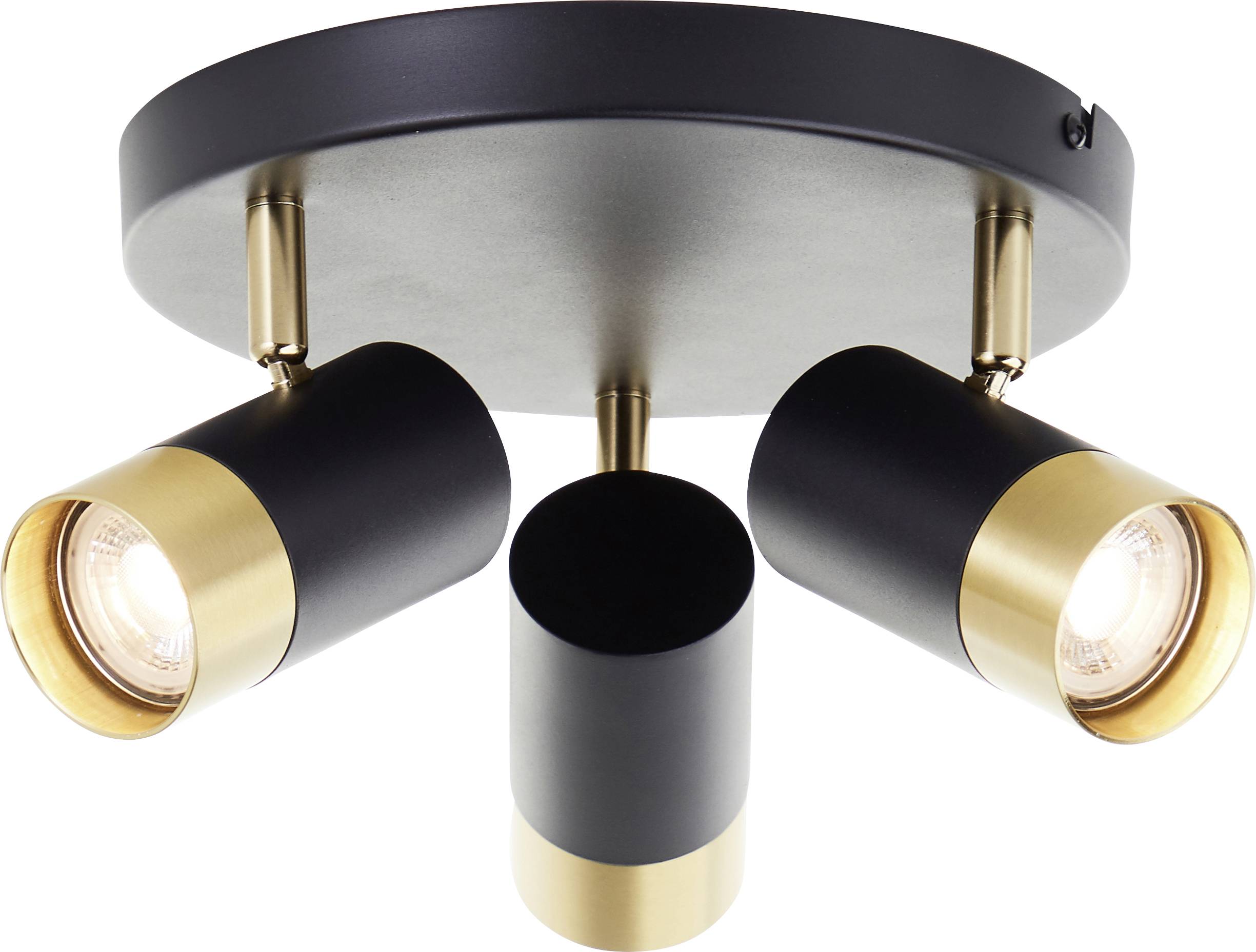 Deckenleuchte in Schwarz und Gold mit drei Glühbirnen, wobei zwei Glühbirnen beleuchtet sind. Modernes Design mit verstellbaren zylindrischen Leuchten.