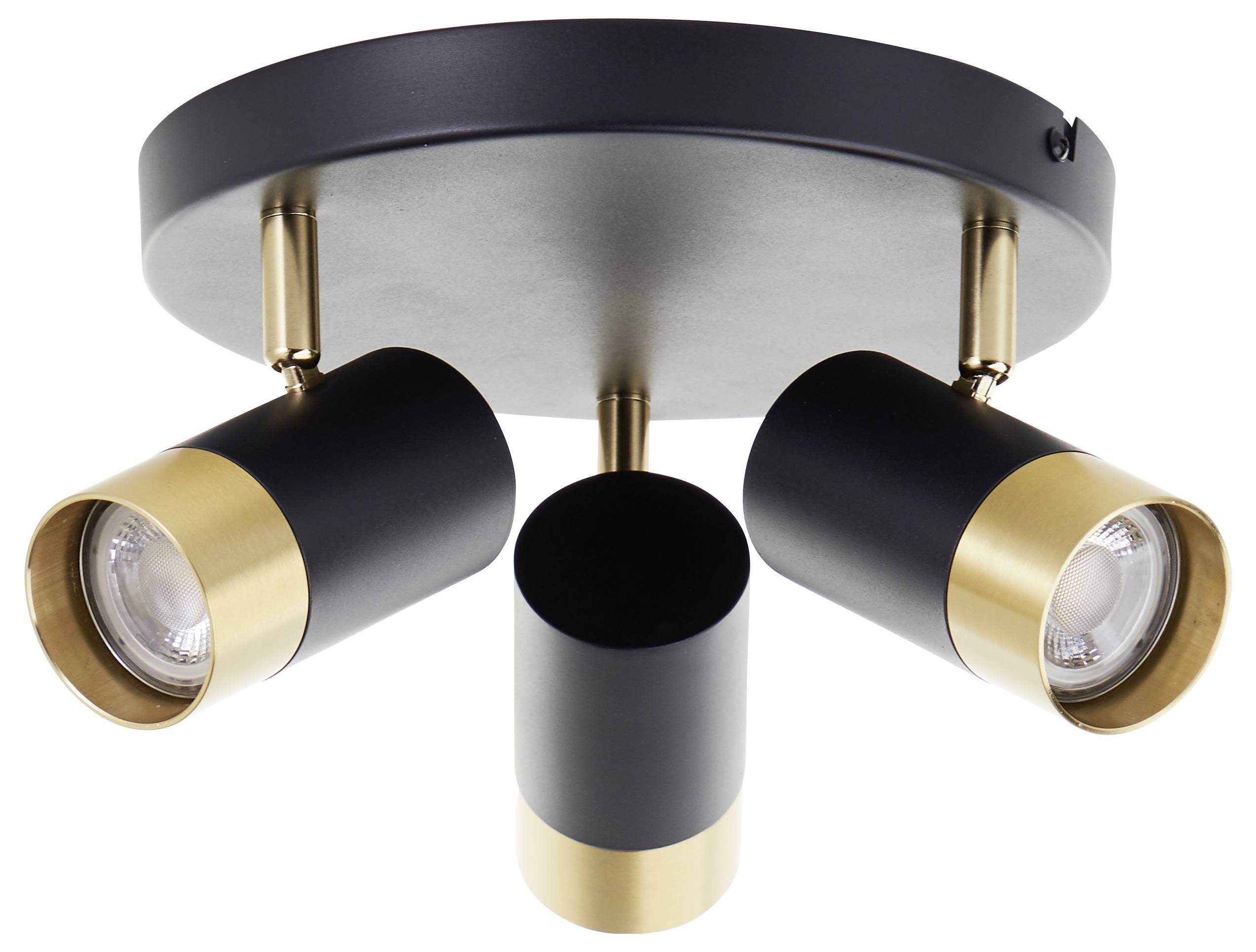 Eine moderne Deckenleuchte in Schwarz und Gold mit drei verstellbaren Scheinwerfern, konzipiert für den Innenbereich.