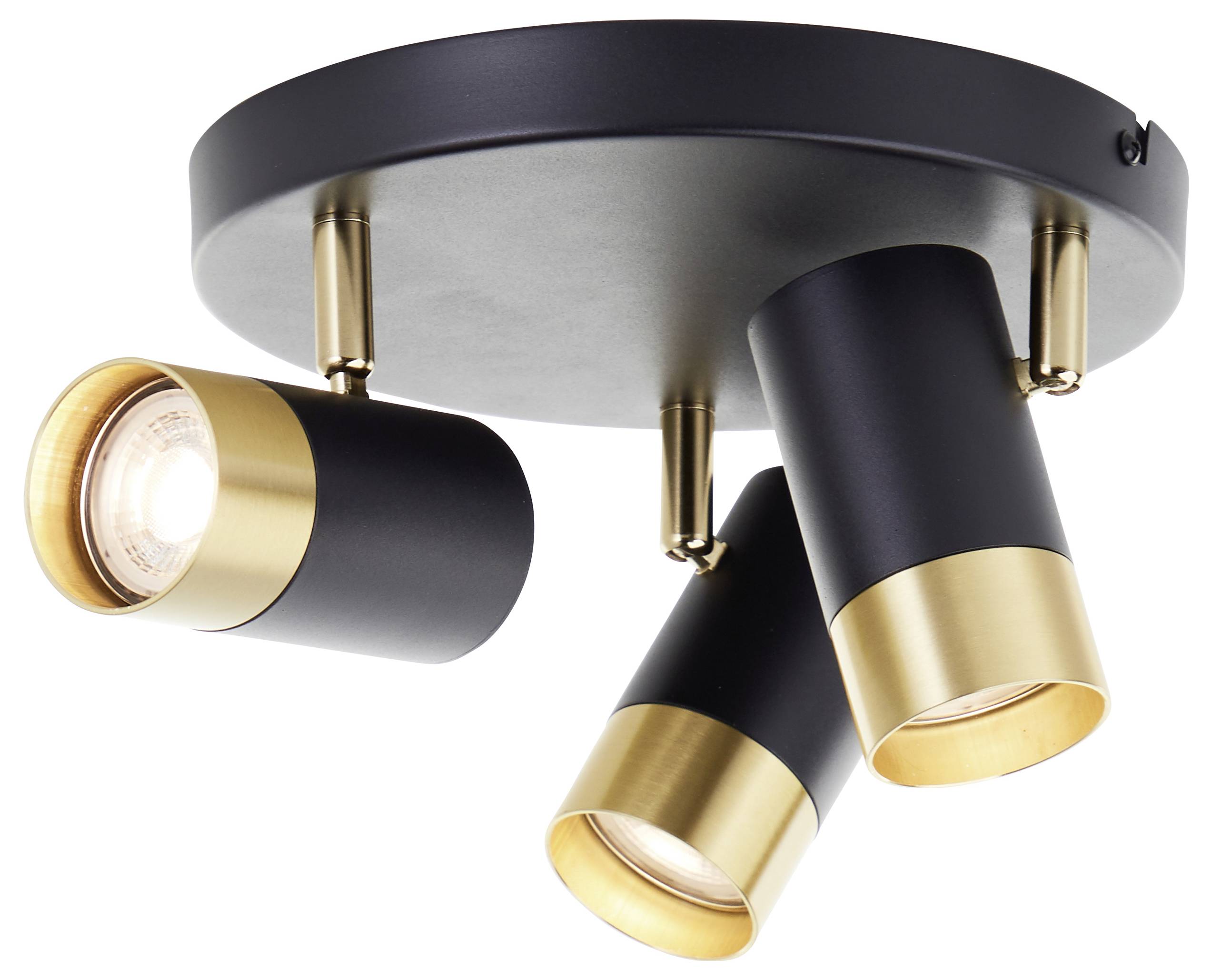 Eine moderne Deckenleuchte mit drei verstellbaren schwarzen und goldenen Scheinwerfern, montiert auf einer runden schwarzen Basis.
