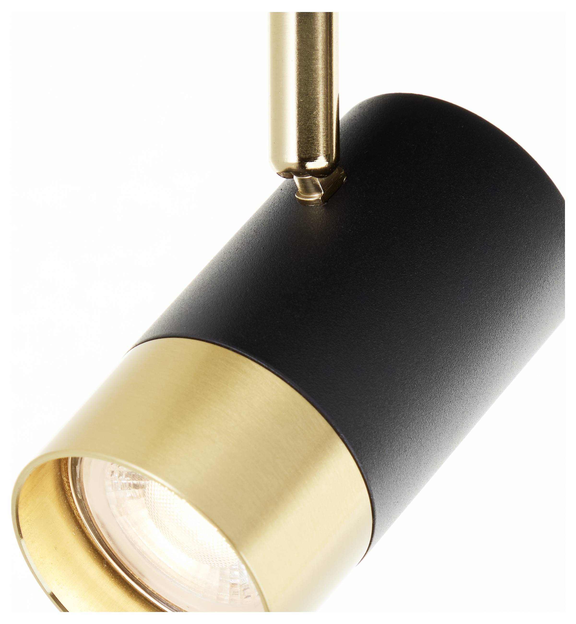 Eine moderne Deckenleuchte in Schwarz und Gold mit elegantem Design, die Teil einer Beleuchtungsanlage zu sein scheint.