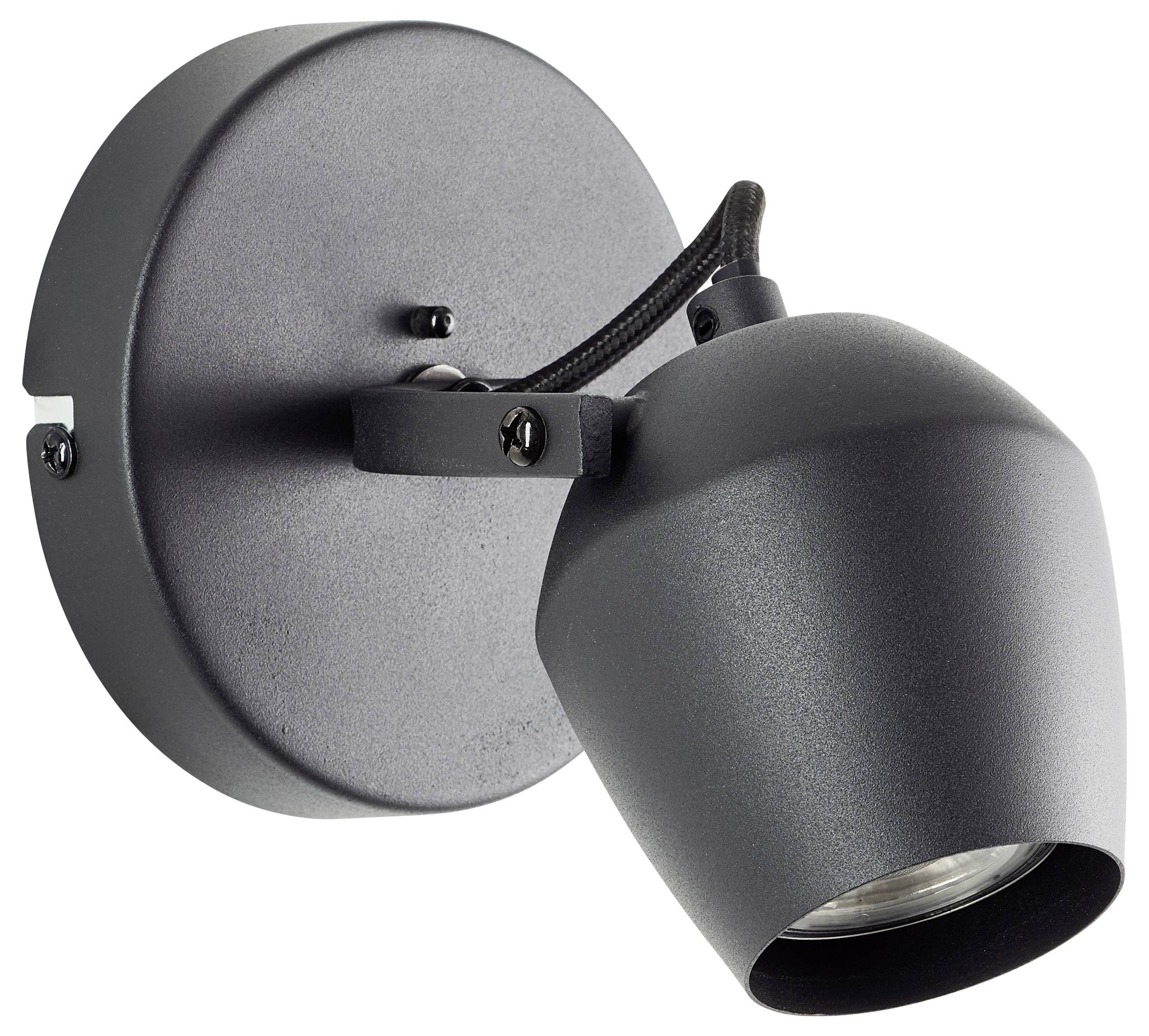 Eine moderne schwarze Wandleuchte mit verstellbarem Kopf, entwickelt für gezielte Beleuchtung in Innenräumen.