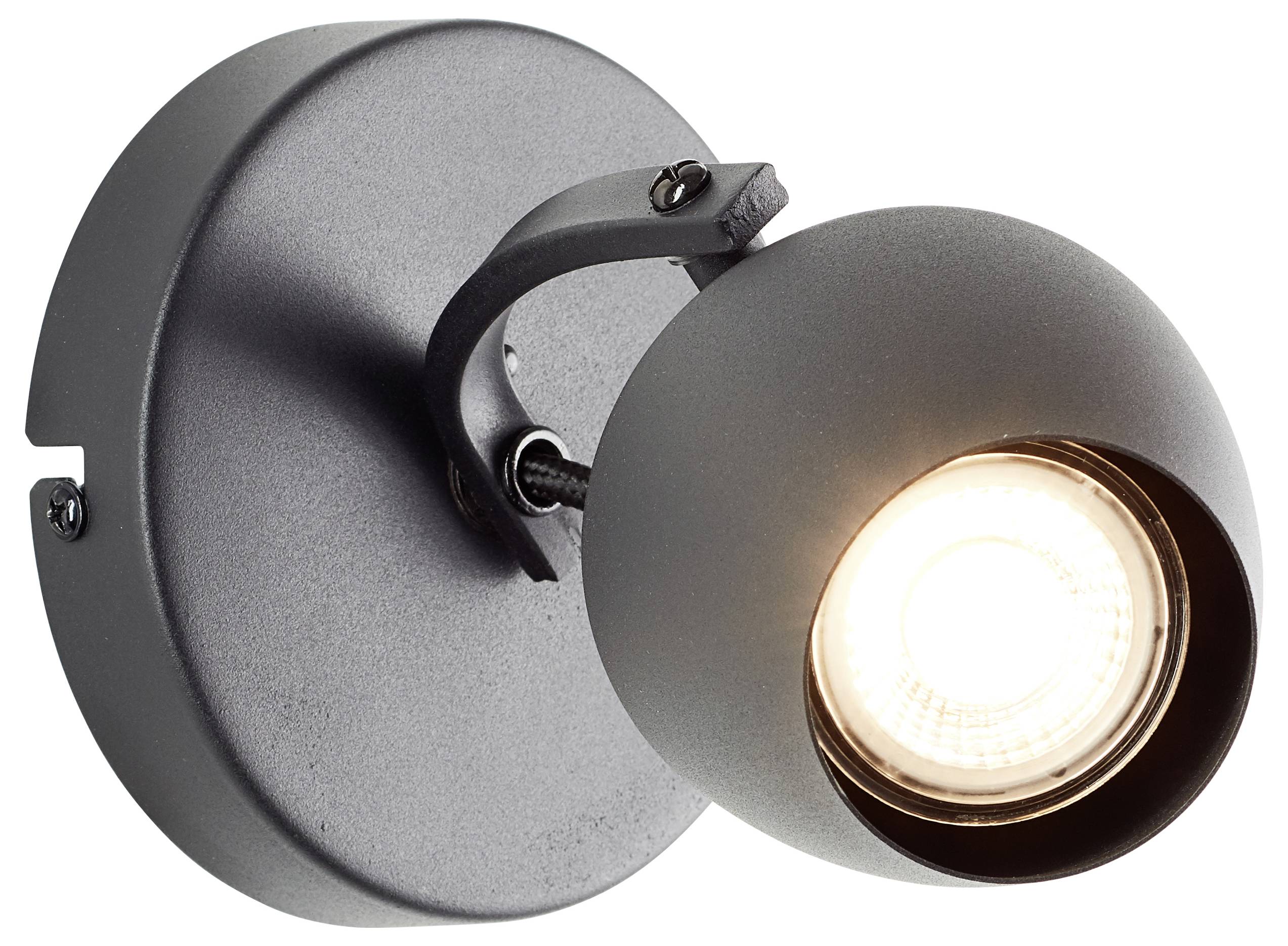 Eine moderne, wandmontierte Scheinwerferleuchte mit grauer, kugelförmiger Gestaltung, die helles weißes Licht ausstrahlt und auf einer runden Befestigungsplatte montiert ist.