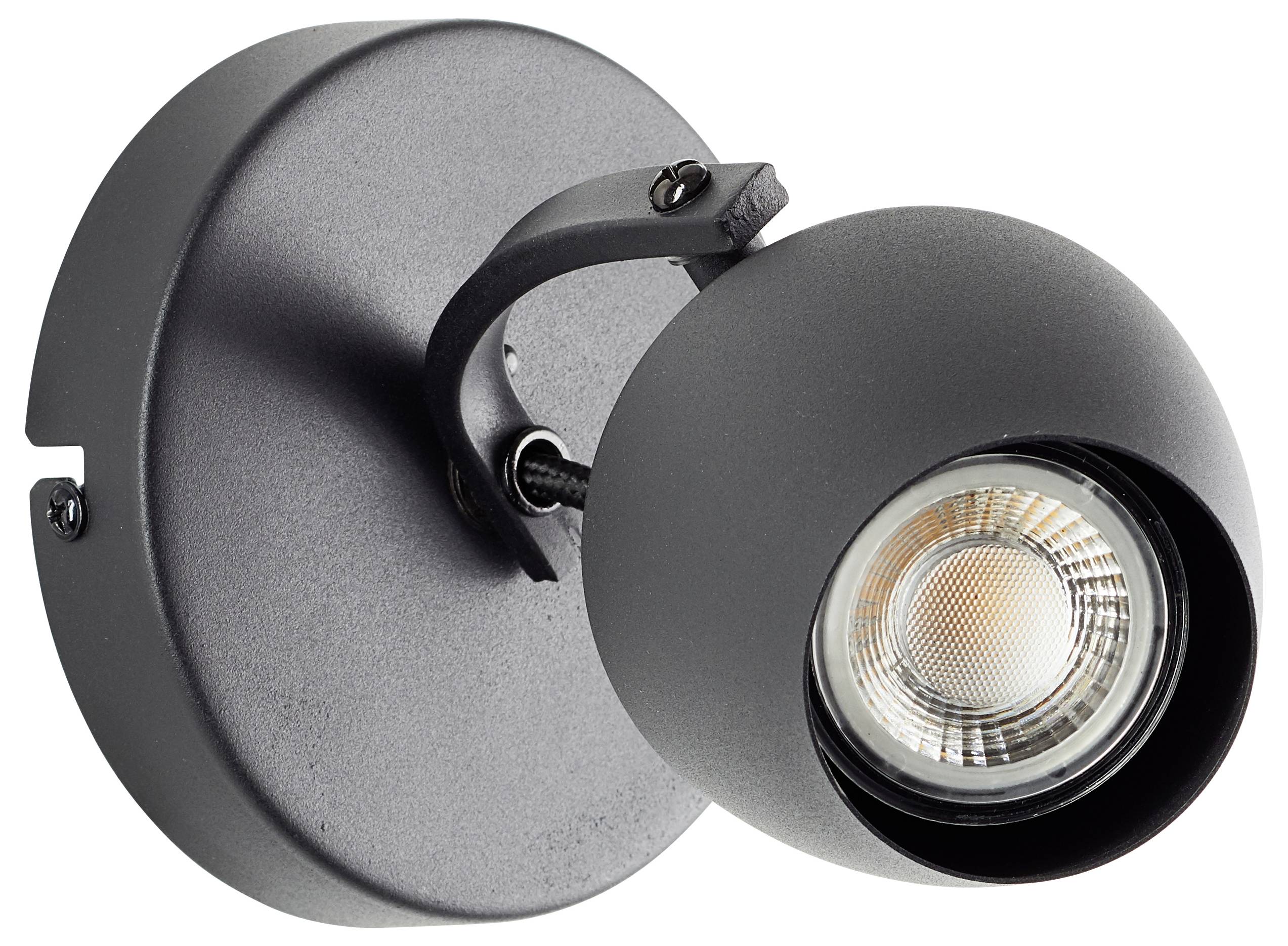 Ein schwarzer, runder wandmontierter Strahler mit sphärischer Gestaltung, nach unten gerichtet, mit Betonung einer metallischen Oberfläche und einer sichtbaren Glühbirne im Inneren.