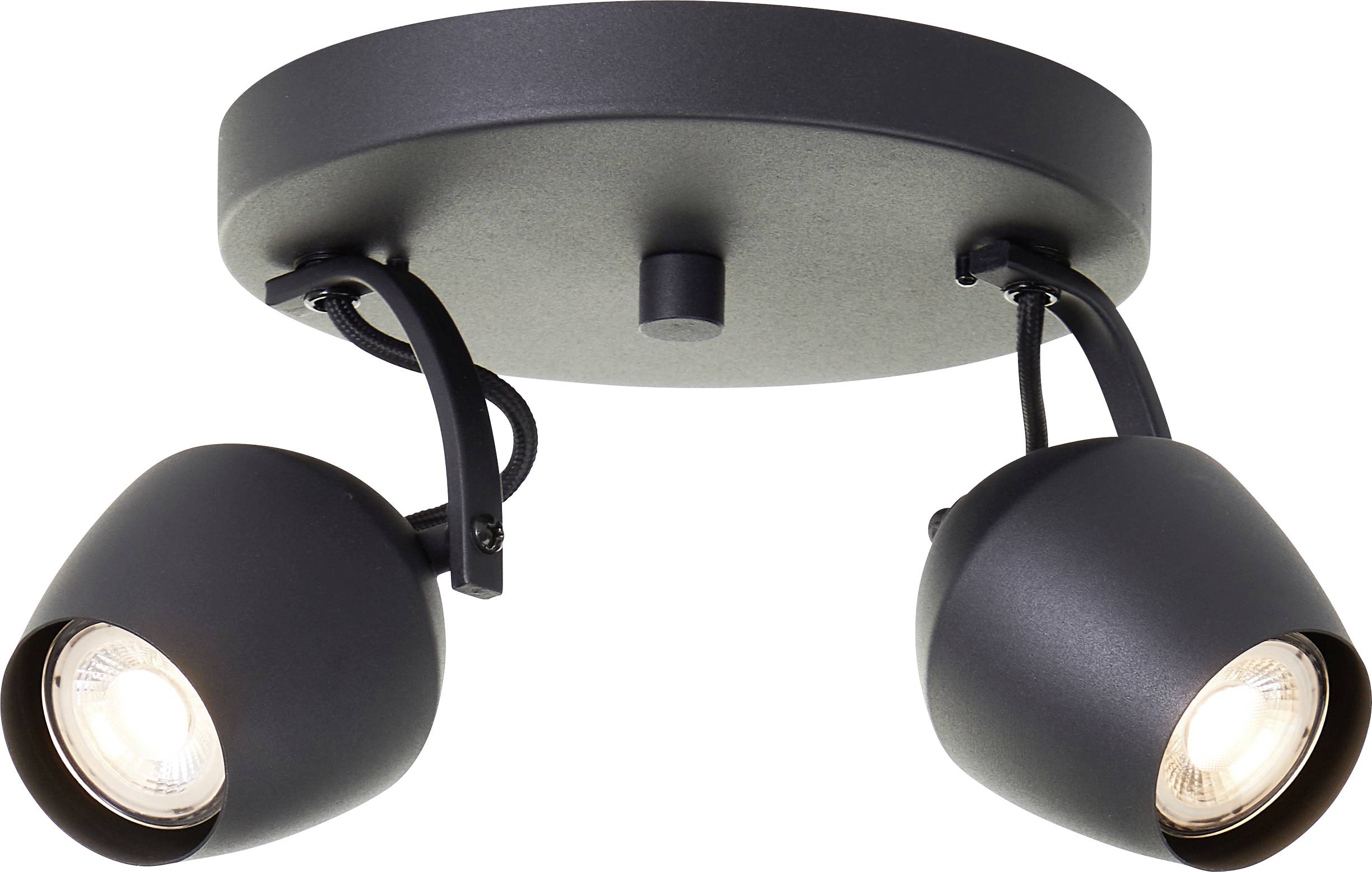 Schwarze Deckenlampe mit zwei verstellbaren Köpfen, die jeweils in unterschiedliche Richtungen leuchten.
