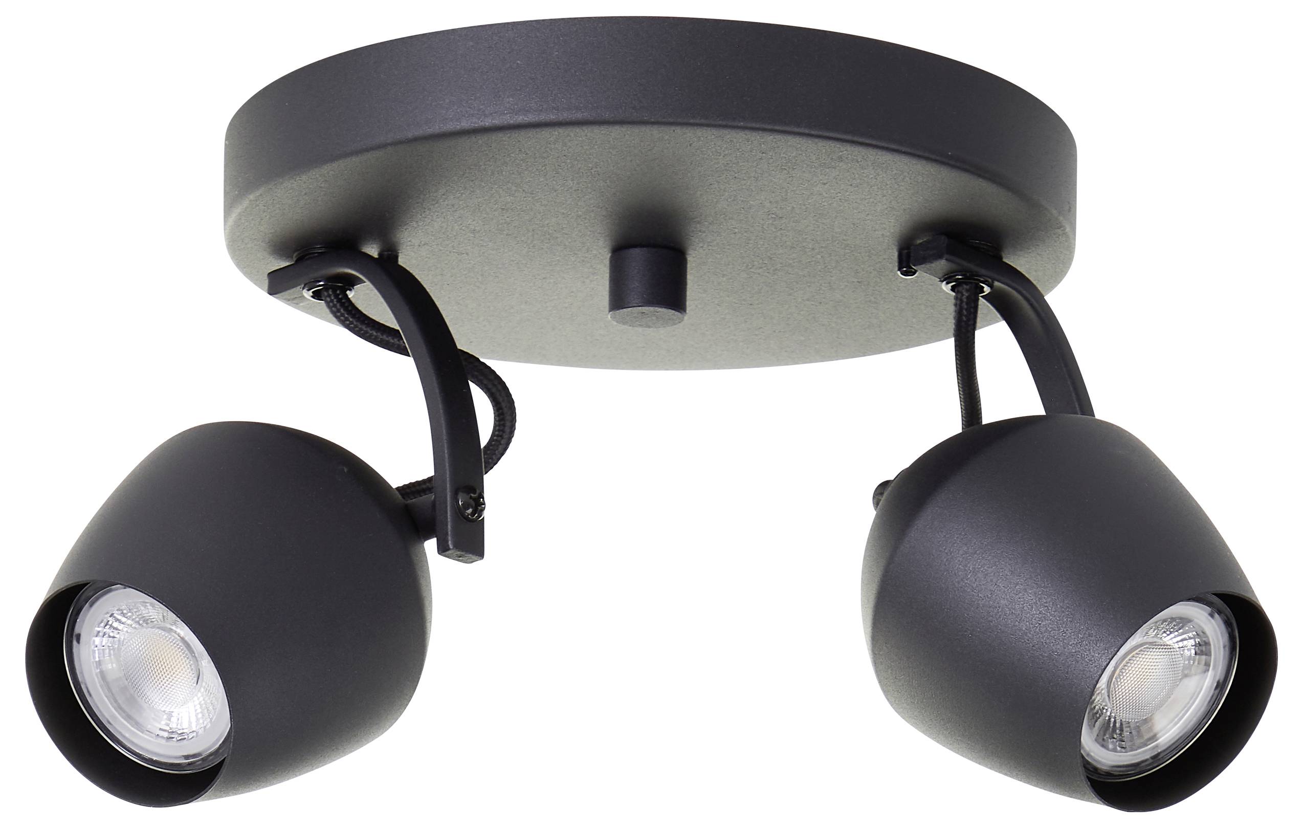 Eine schwarze Deckenleuchte mit zwei Strahlern, deren Scheinwerfer individuell ausgerichtet werden können und für Innenräume konzipiert ist.