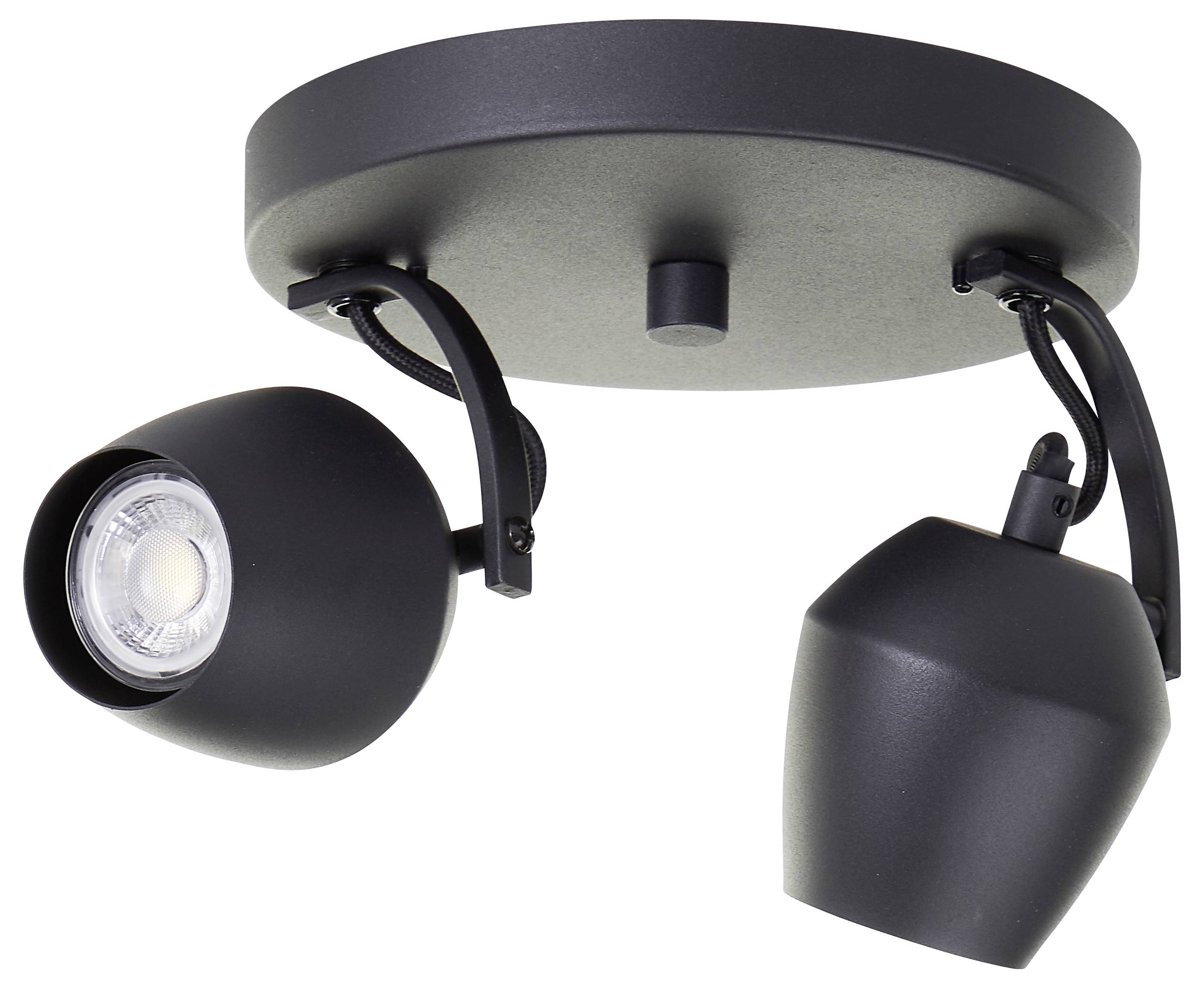 Ein schwarzer, runder, zweiköpfiger, verstellbarer Deckenspots.
