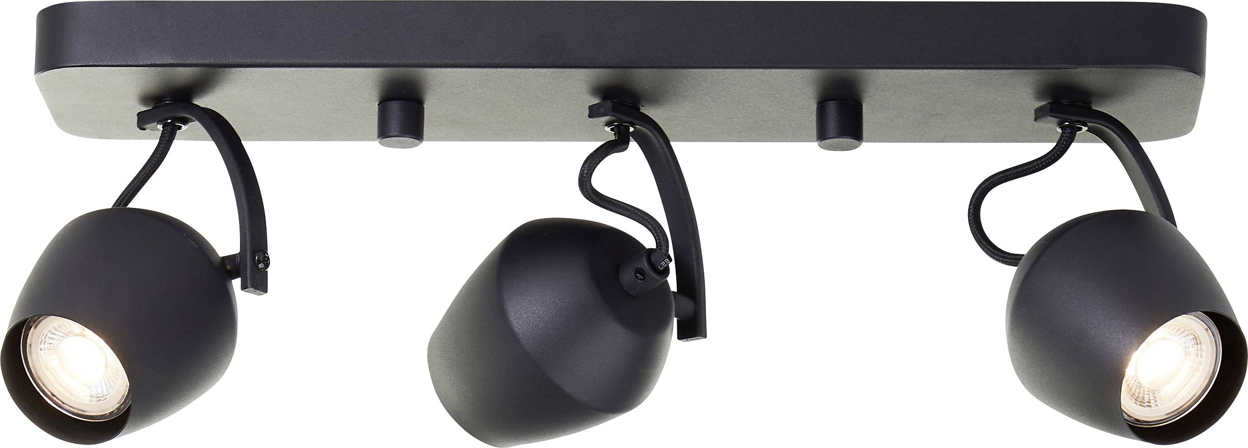 Deckenmontierte schwarze Schienenlichtanlage mit drei verstellbaren Scheinwerferkopfmodulen, die jeweils Licht abstrahlen und für gezielte Beleuchtung geeignet sind.