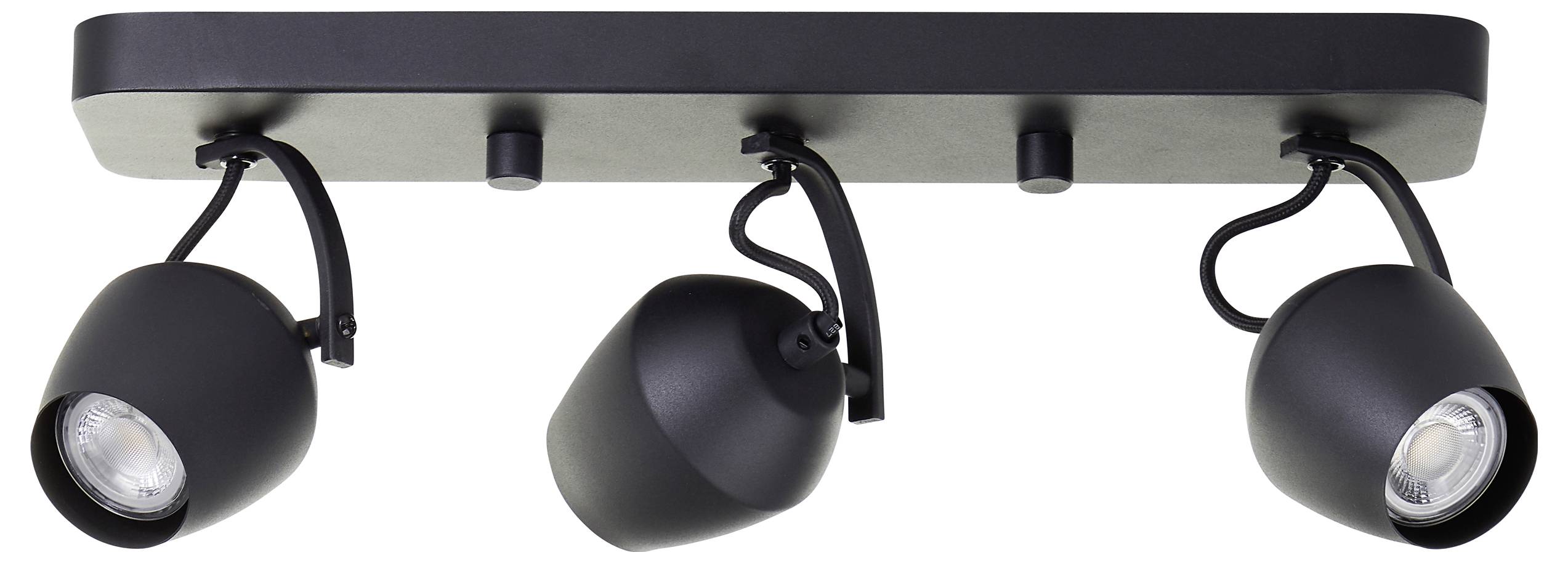 Drei schwarze Deckenspots, die auf einer rechteckigen schwarzen Halterung montiert sind, wobei jeder Lampenkopf zur gezielten Beleuchtung einstellbar ist.