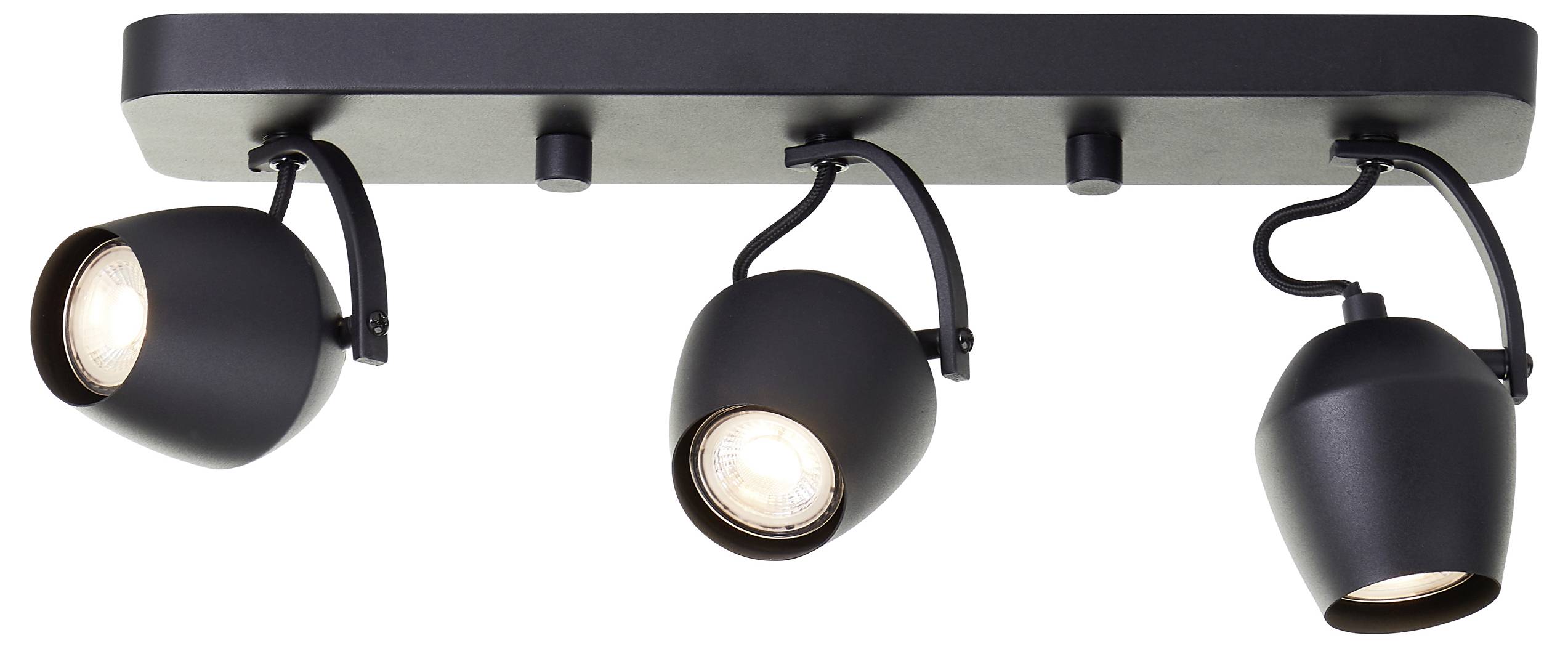 Drei moderne schwarze Deckenspots mit verstellbaren Köpfen, die auf einer rechteckigen Basis befestigt sind und ein schlankes, minimalistisches Design aufweisen.