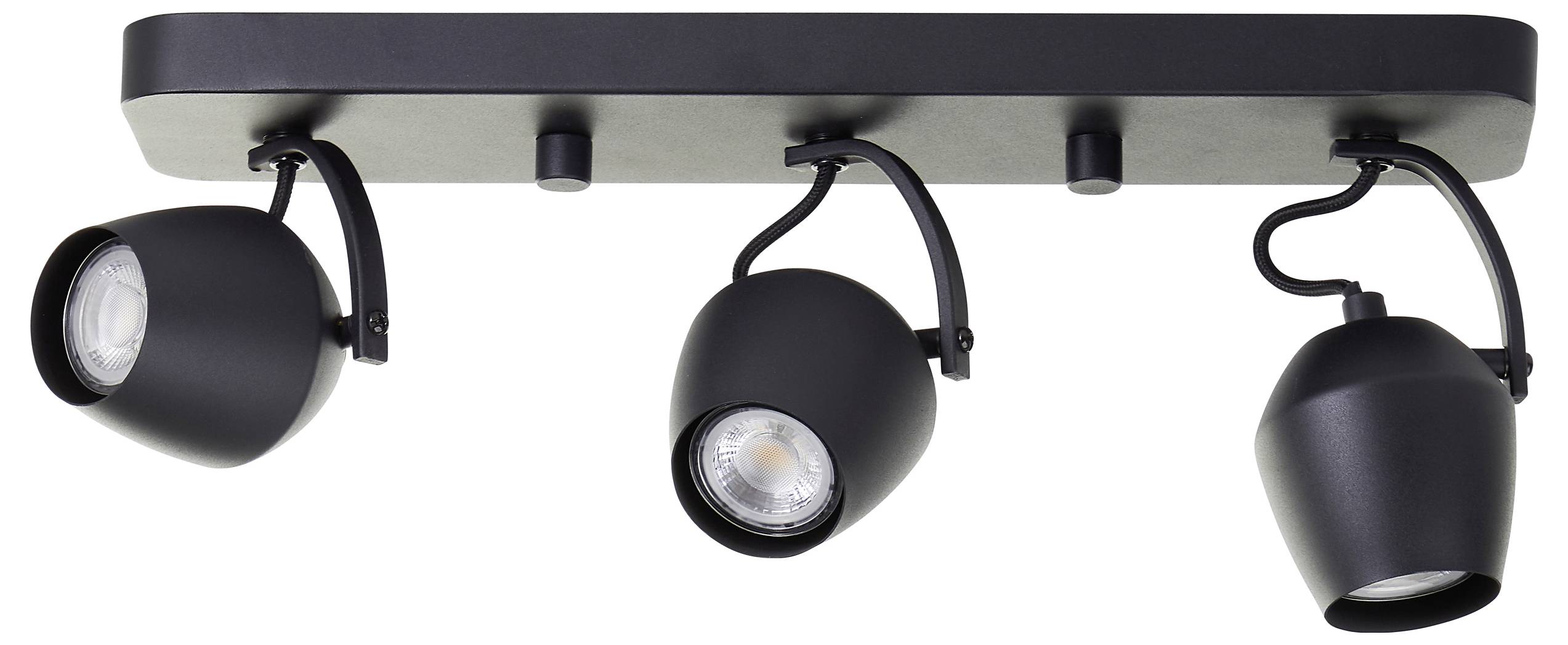 Eine Deckenleuchte mit Schienensystem in Schwarz, ausgestattet mit drei verstellbaren Strahlern, die für gerichtete Beleuchtung in modernen Innenräumen konzipiert ist.