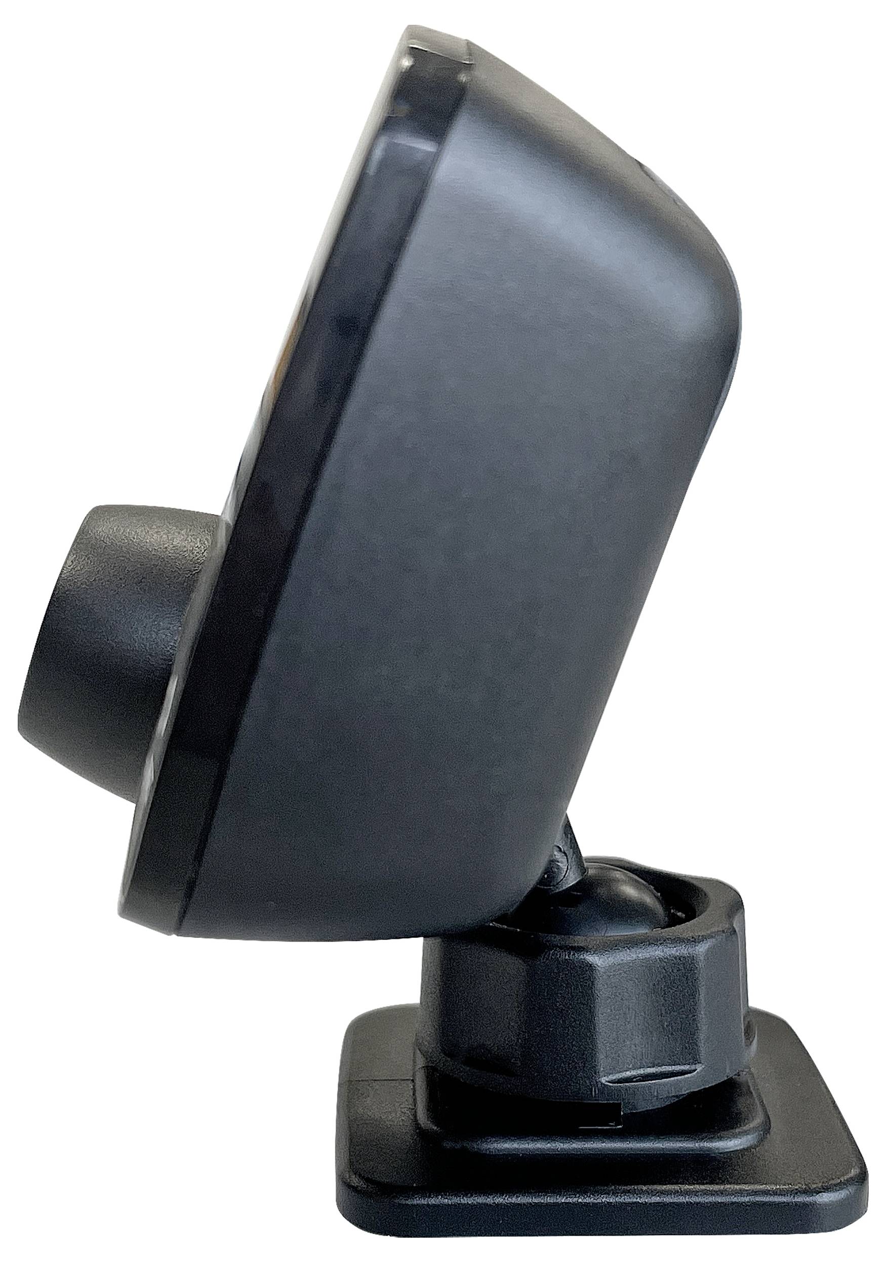 Eine schwarze Webcam in der Seitenansicht auf einem kleinen verstellbaren Ständer montiert, leicht nach oben angewinkelt.