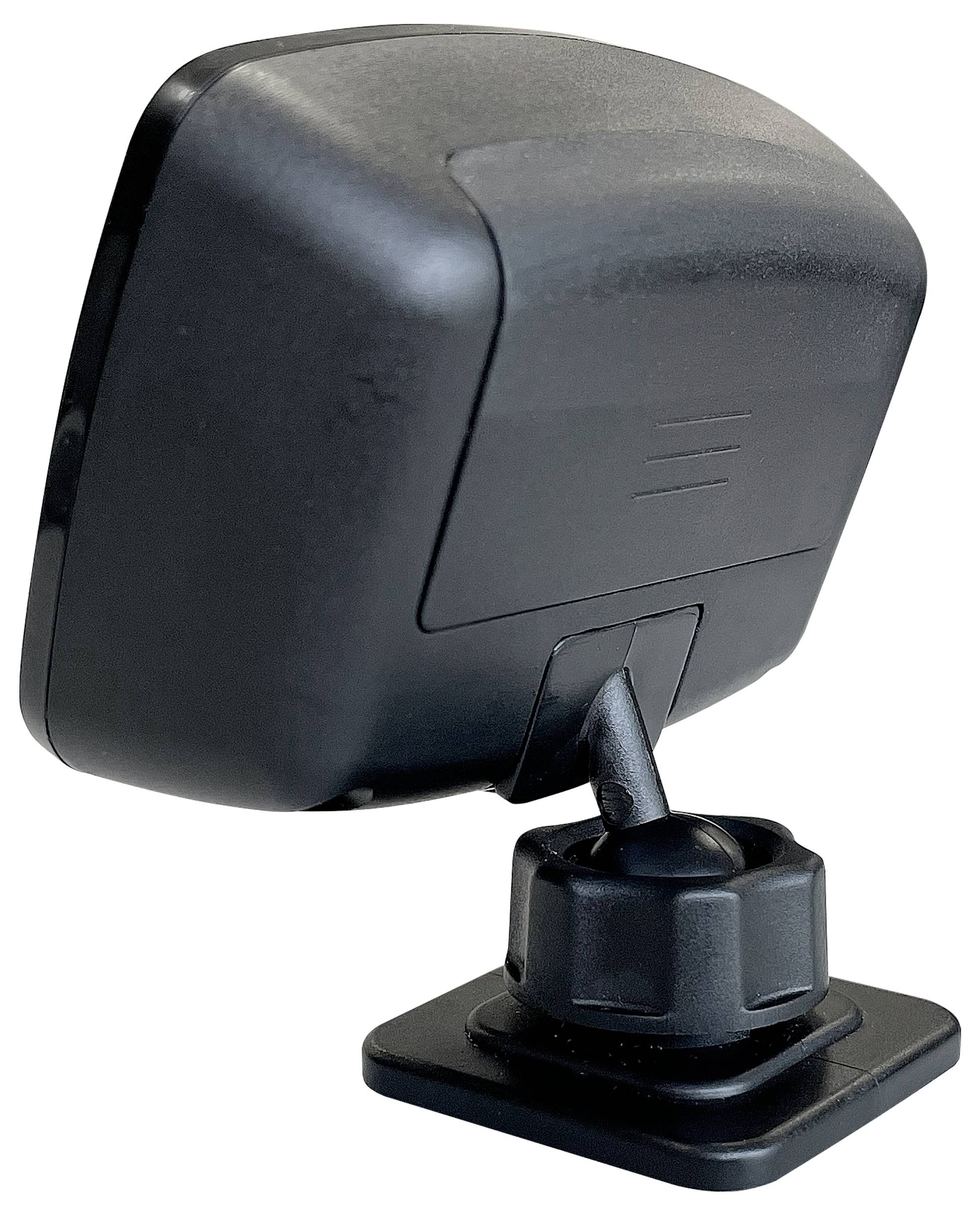 Ein schwarzes, kompaktes elektronisches Gerät auf einem verstellbaren Ständer montiert, möglicherweise zur Verwendung als Sensor oder Kamera, von hinten gezeigt.