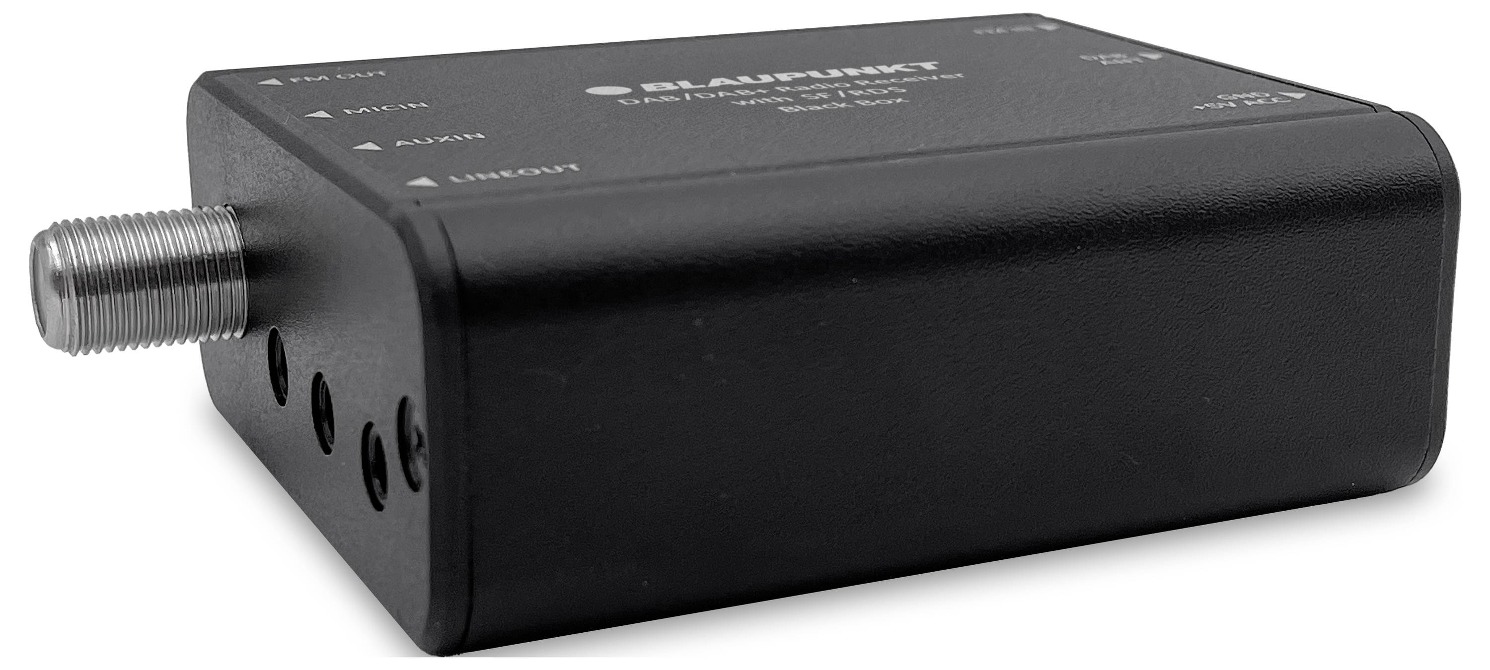 Ein Blaupunkt-Fernsehempfänger, schwarz, rechteckig mit einem Koaxialkabeleingang und beschrifteten Anschlüssen wie USB, LAN und HDMI an seinen Seiten.