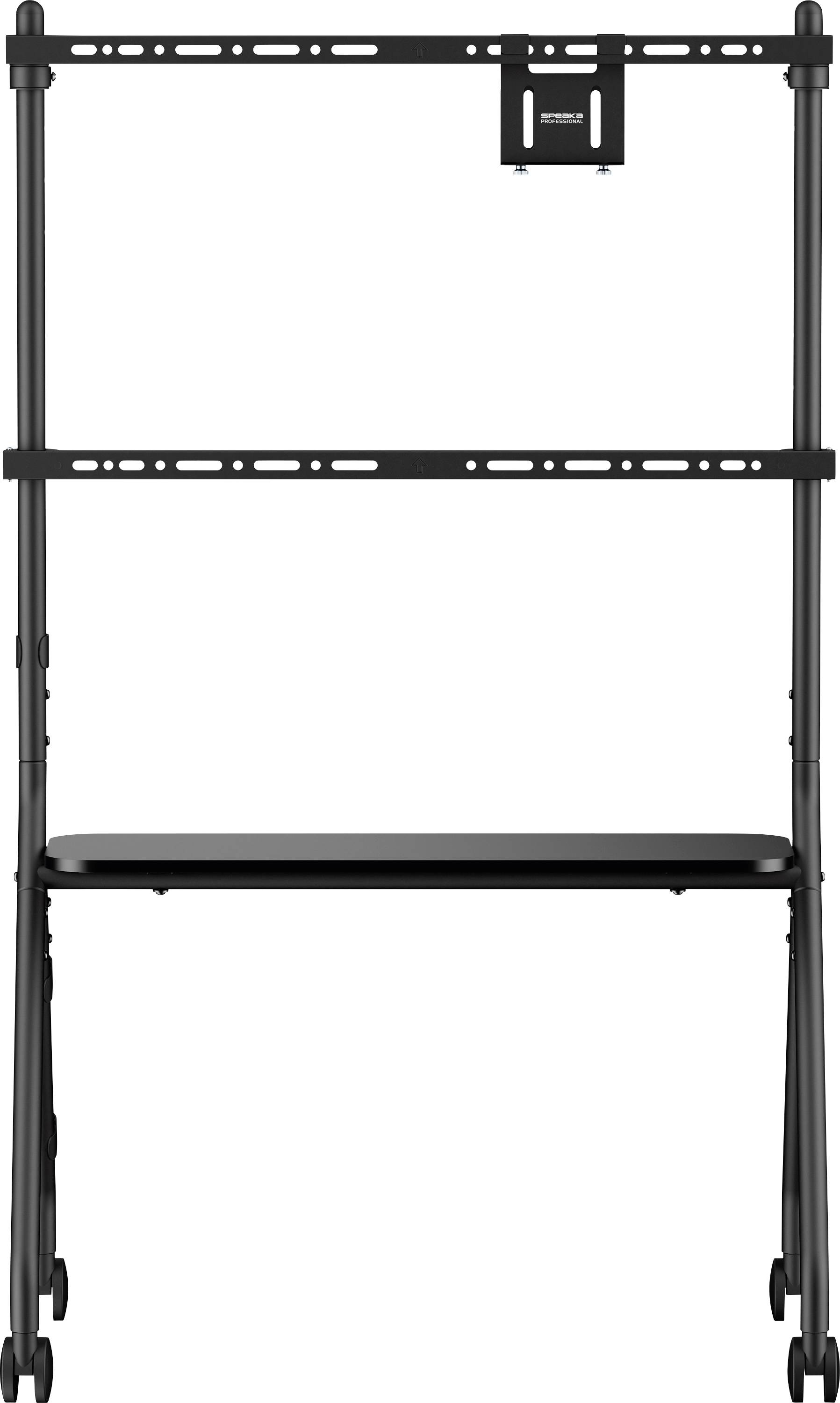 Schwarzes TV-Ständer mit oberer Montageklammer, zwei Regalen und vier Rollen auf weißem Hintergrund.