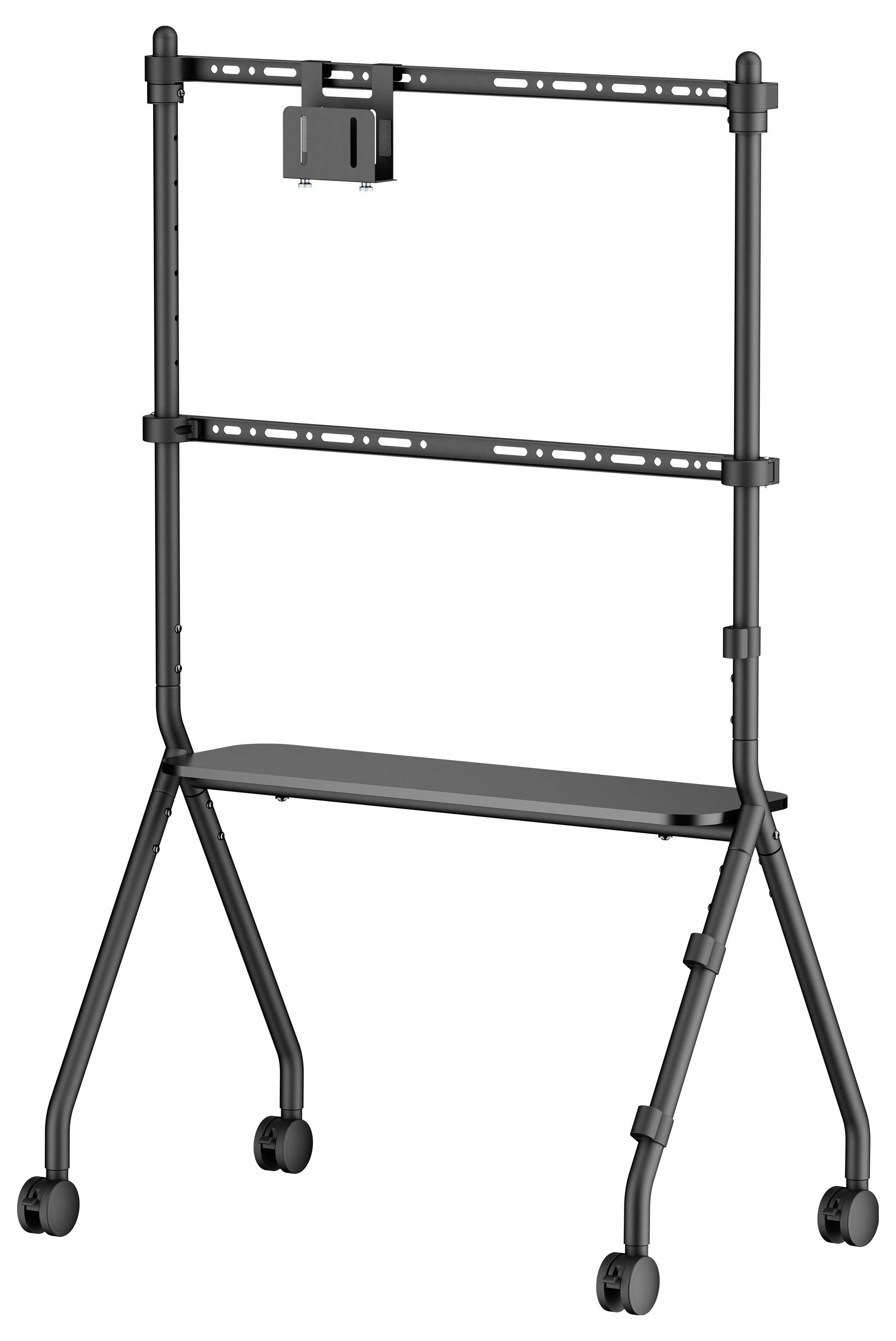 Tragbarer fahrbarer Fernsehständer mit verstellbarer oberer Montageklammer und unterer Ablage, gezeigt auf Lenkrollen vor weißem Hintergrund